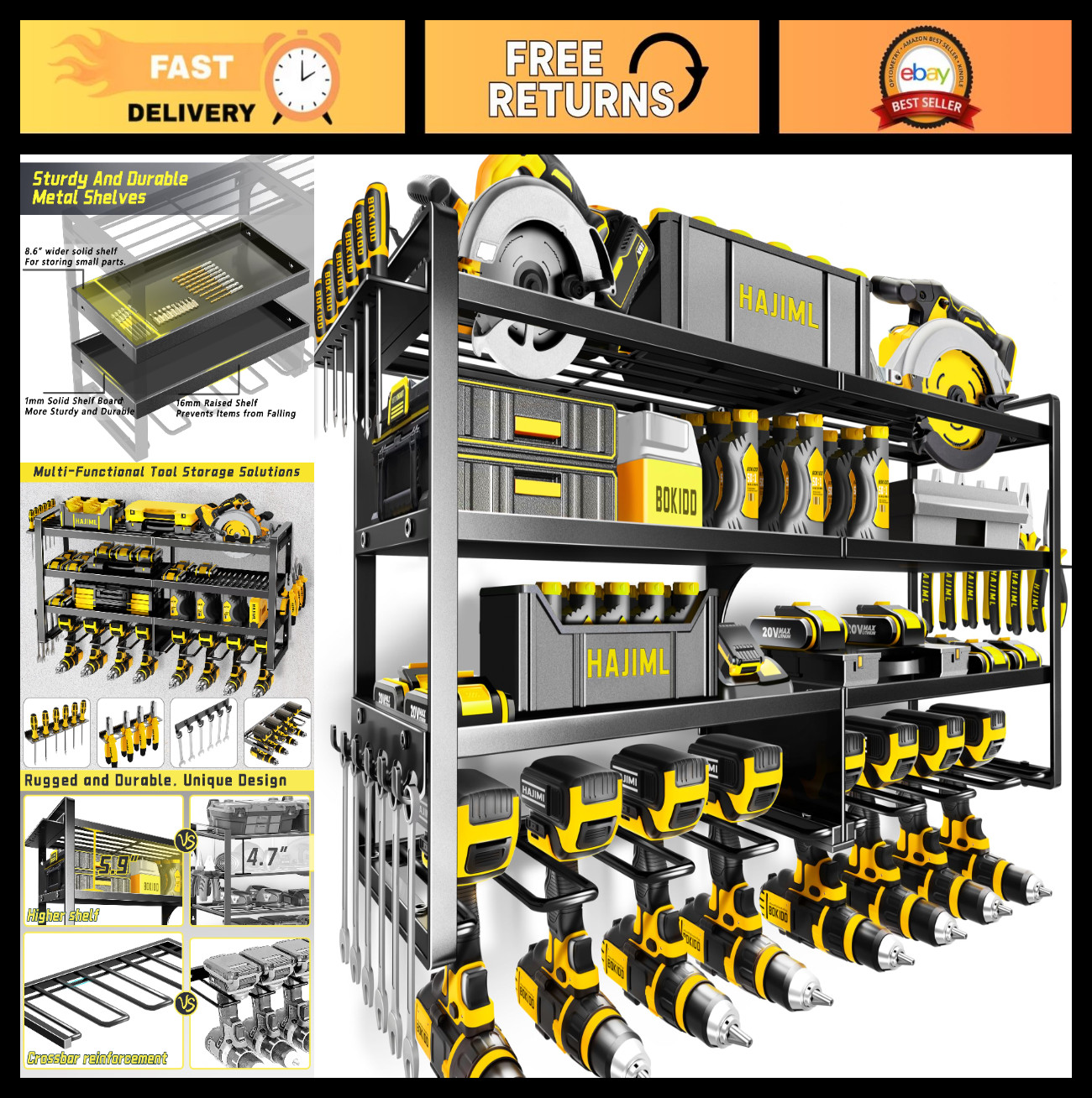 Heavy Duty Wall Mount Power Tool Organizer, 4 Layers, 8 Drill Holder, Easy Insta