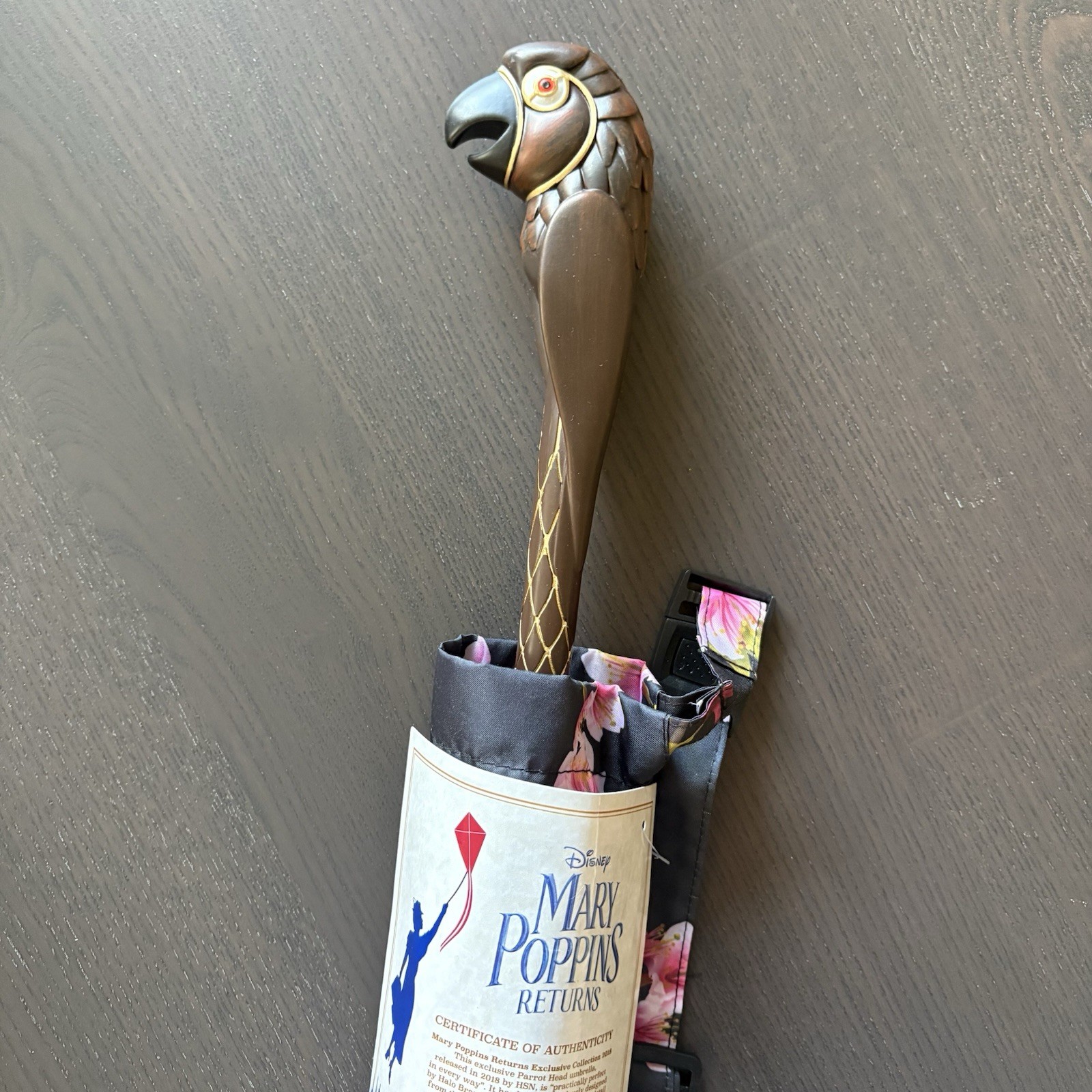 Disney Mary Poppins Returns Parrot Handle Umbrella Black Floral Flowers Tags HTF