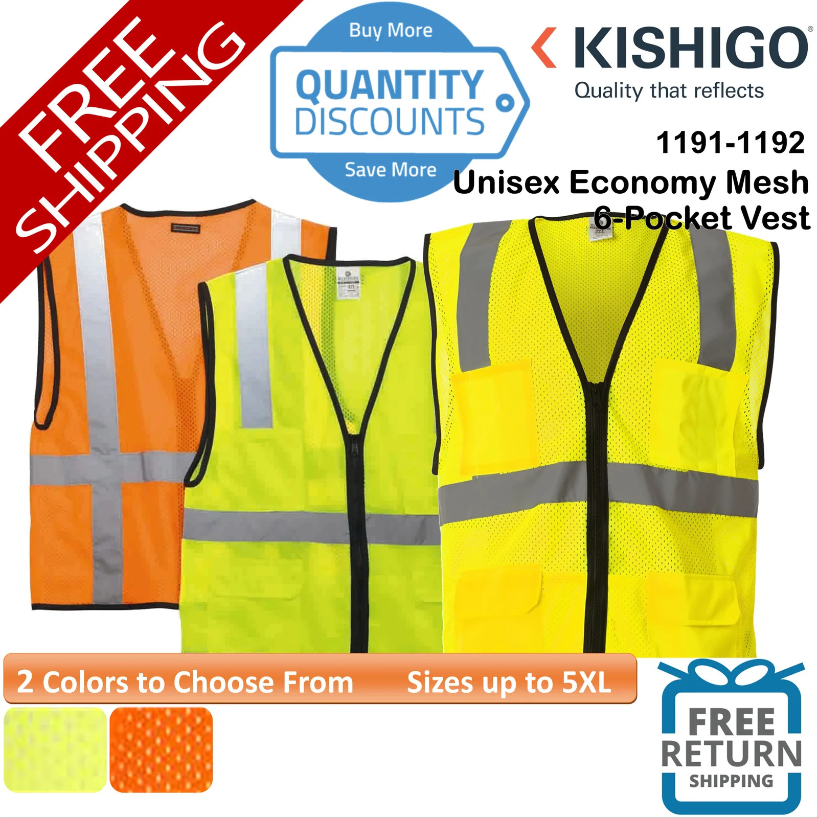 🔥 Kishigo Unisex Economy Mesh 6-Pocket Vest Safety Up To 5XL 1191-1192