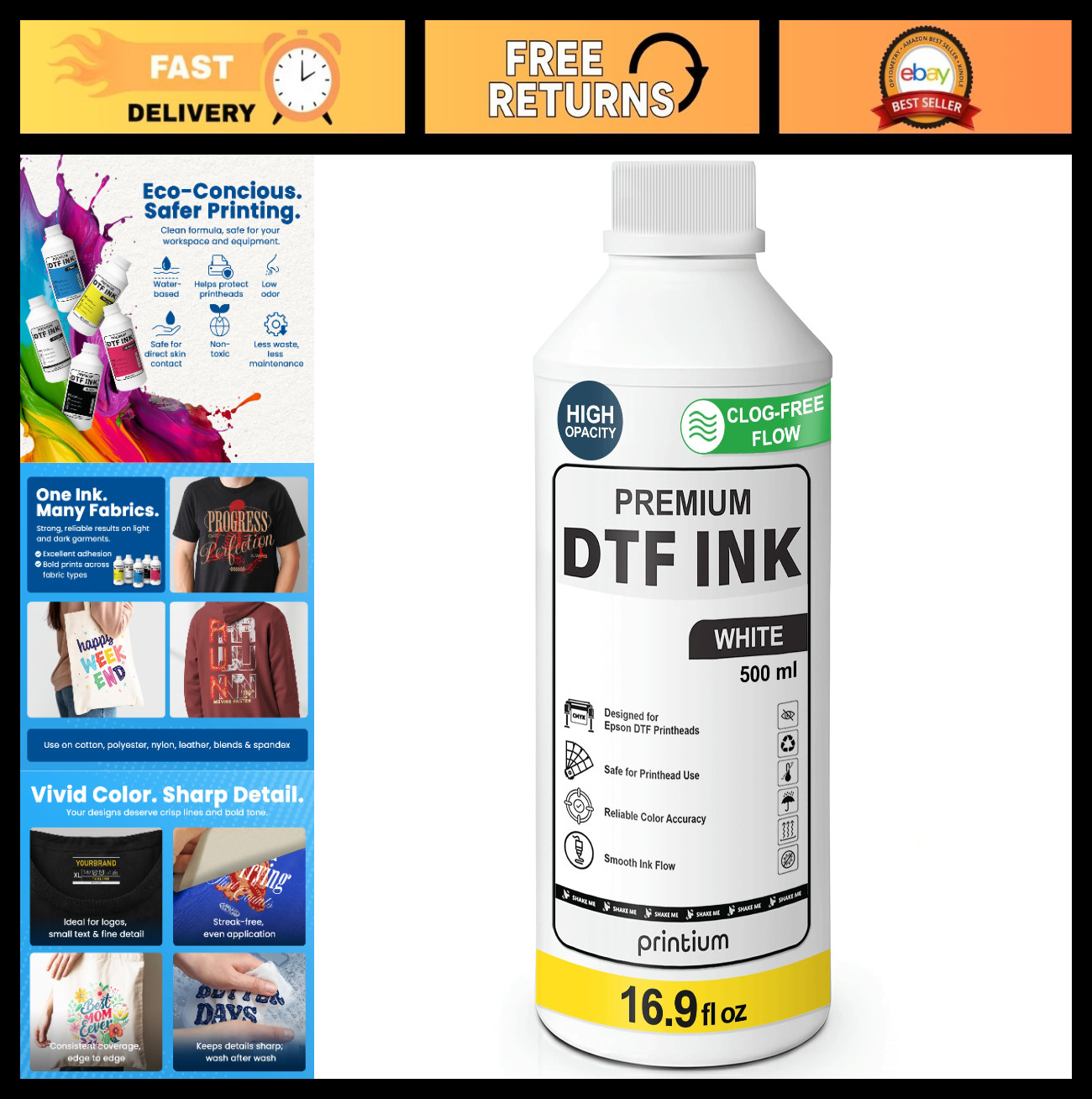 High Opacity DTF Ink 16.9 fl oz | Clog-Free Formula for All Printheads | Reliabl