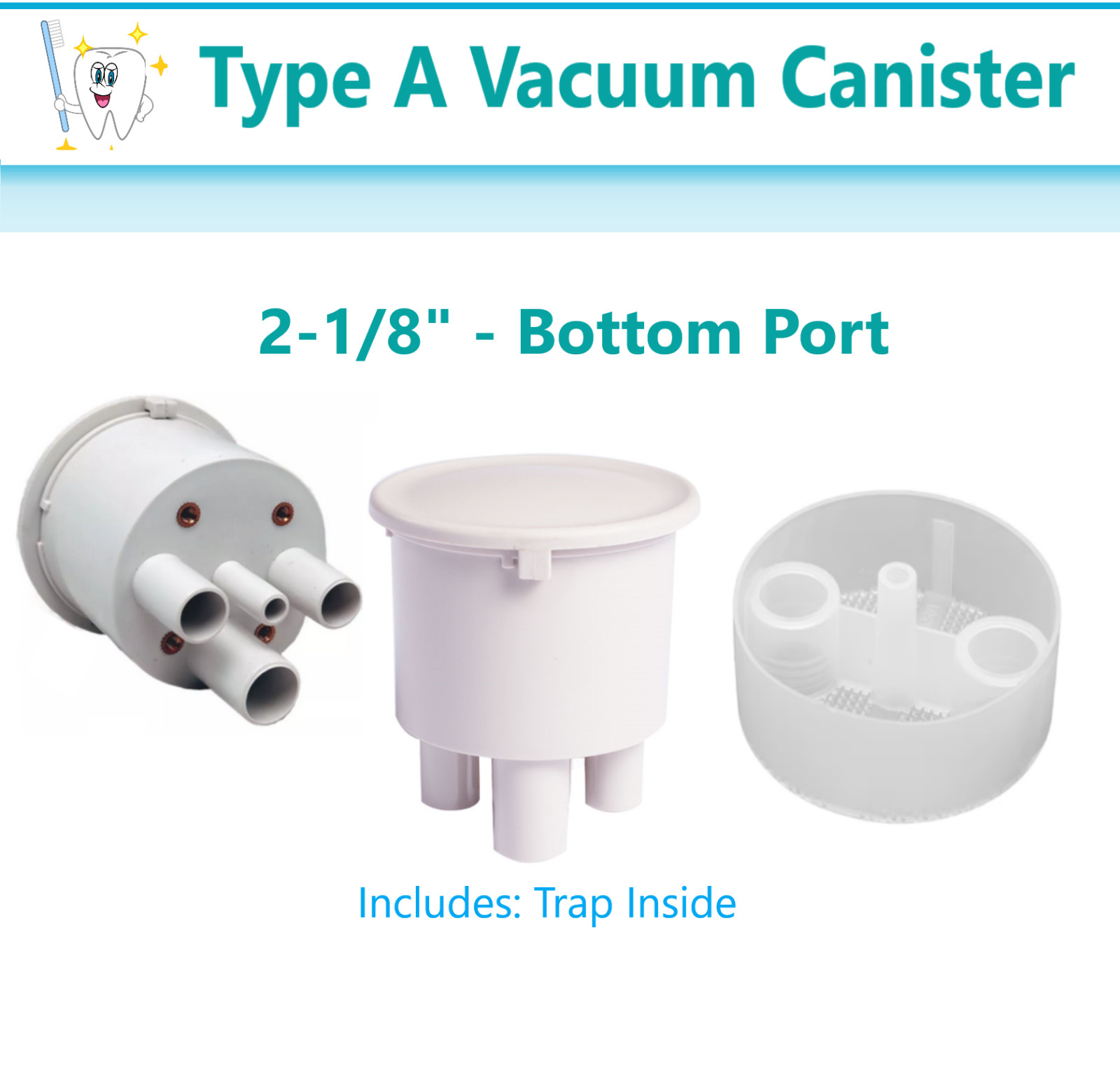 Dental 2-1/8" Type A Vacuum Canister - Bottom Port  Twist Lid Vacuum Evac Trap