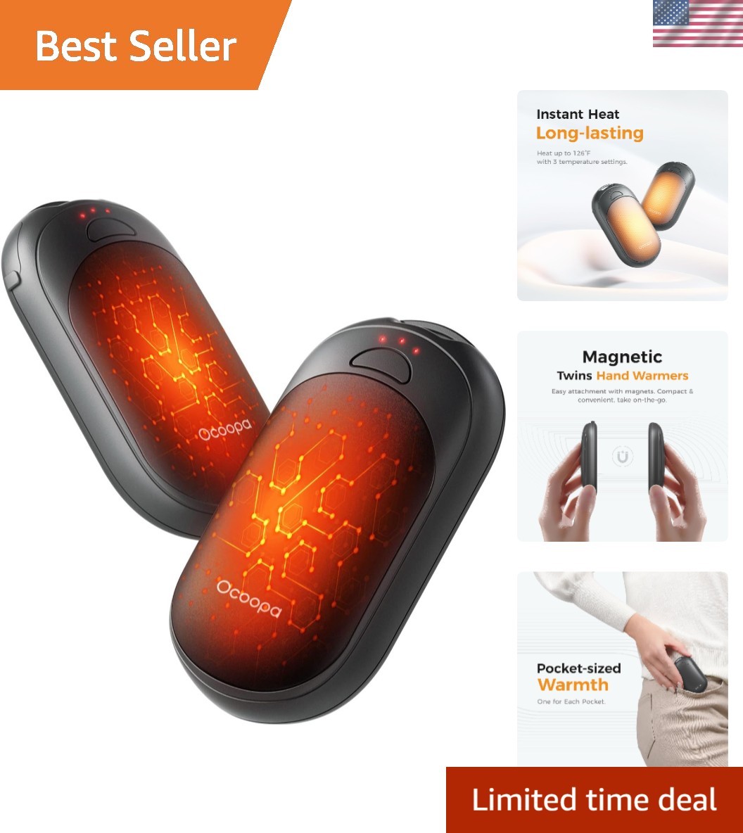 Magnetic Hand Warmers Rechargeable 2 Pack,  Safety Heat 100-126°F, 3-Settings,