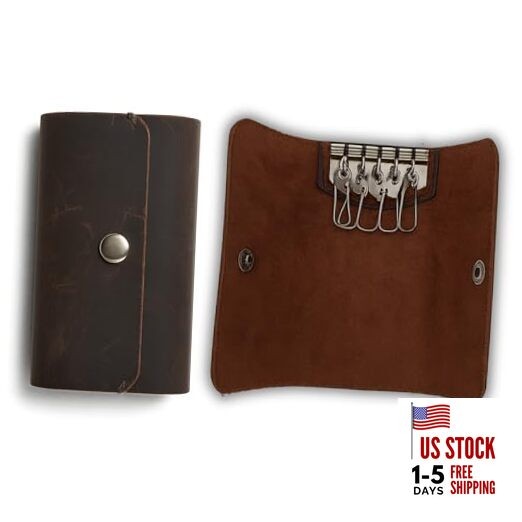 Leather Key Sleeve Brown Genuine Leather Key Holder with Ring, Compact Casual