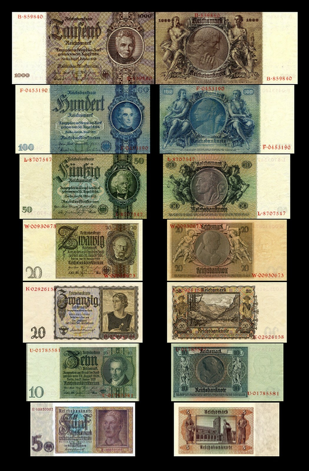5 To 1000 Reichsmark 1924-1945 Deutsche Reichsbank 2 Editions Reproduction