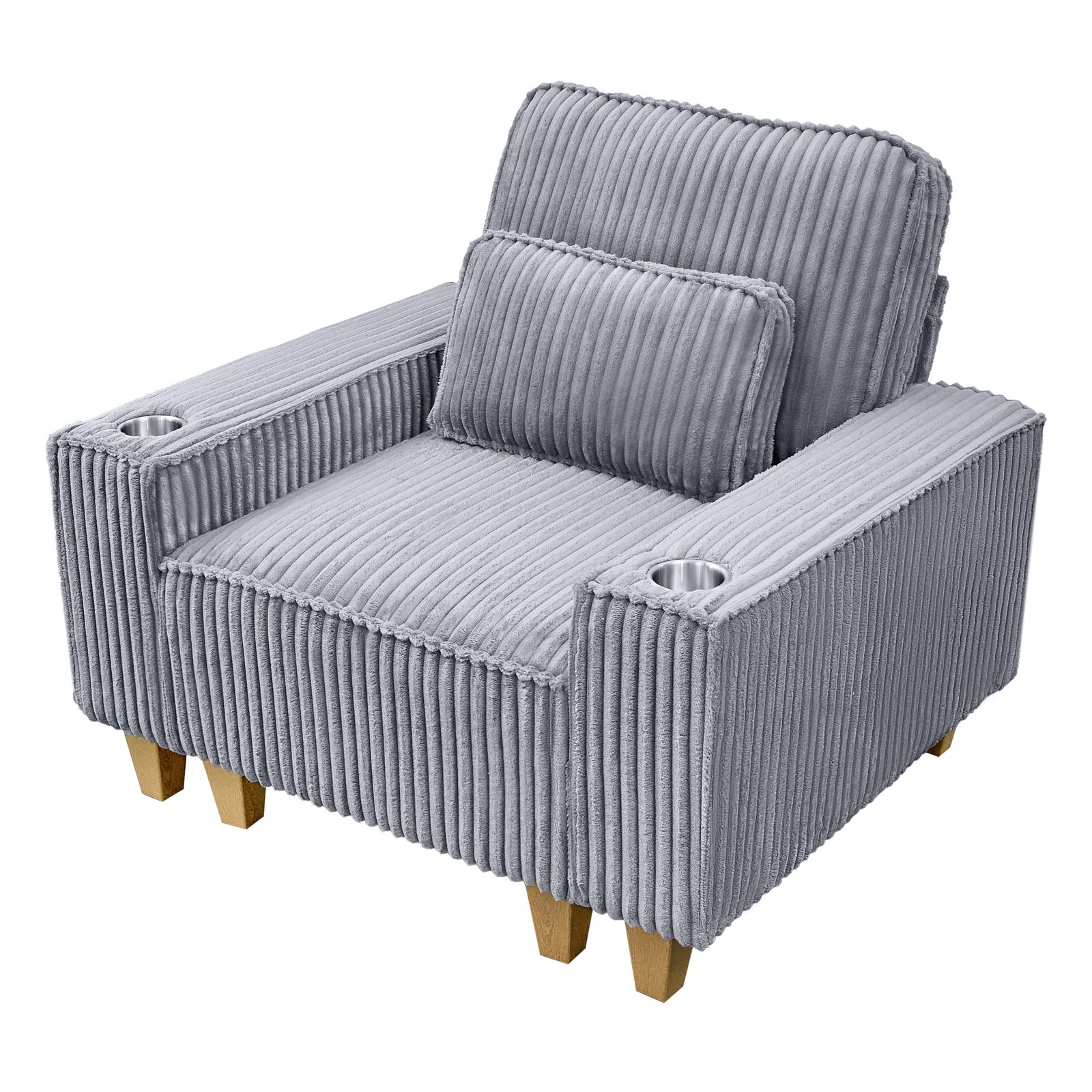Gray Corduroy Accent Chair Deep Seat Armchair with Cup Holder Pillow Living Room