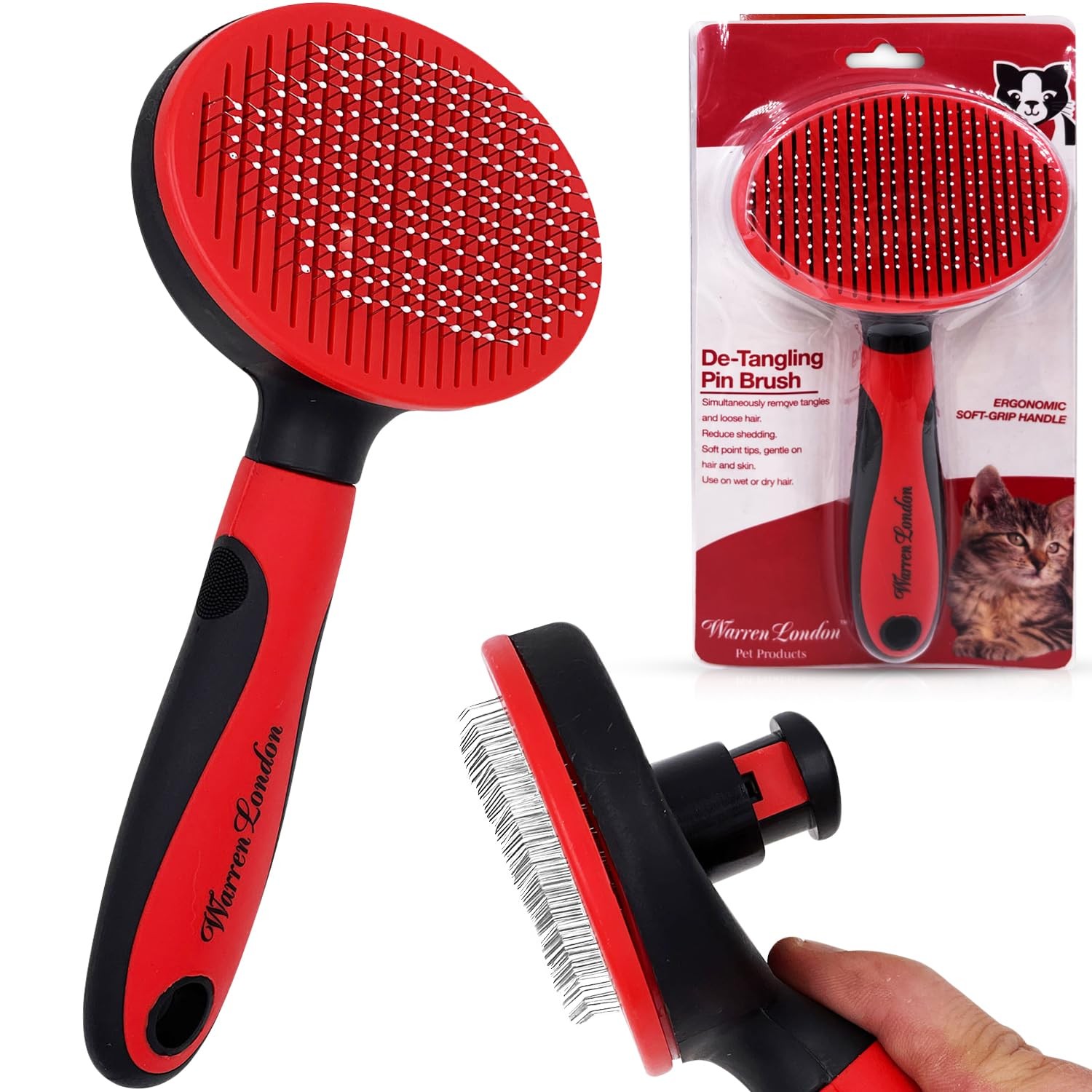 Self-Cleaning Cat Pin Brush | Push-Button Fur Ejector, Bead-Tipped Nylon Pins...