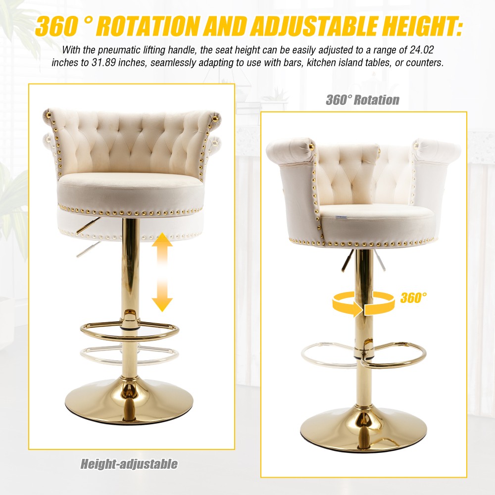 2PC SET Velvet 360 Rotating Bar Chair Adjustable Height Handmade Backrest