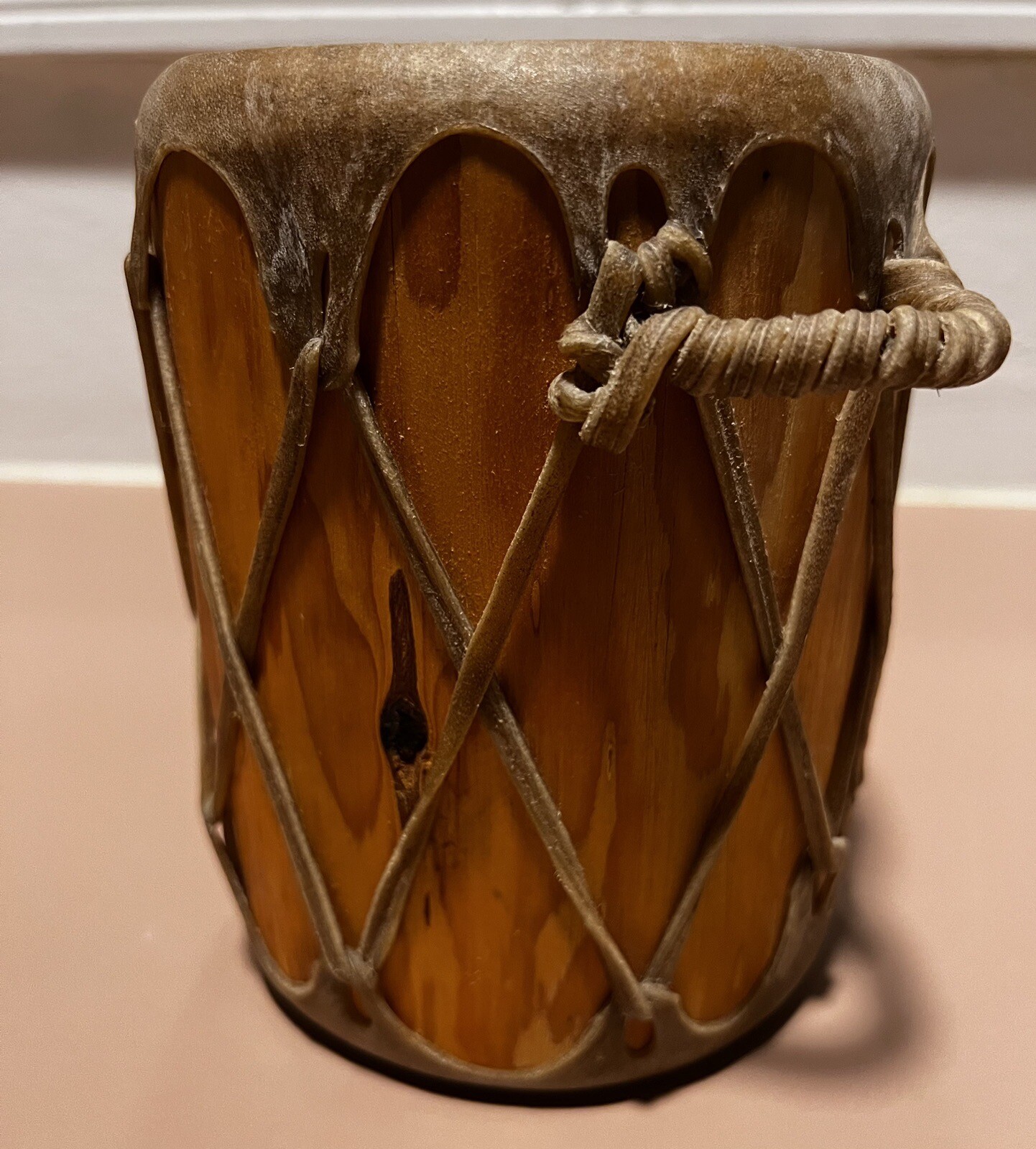 Rustic Native American Rawhide Log Drum 7 high x 5 Wide Preowned G2U