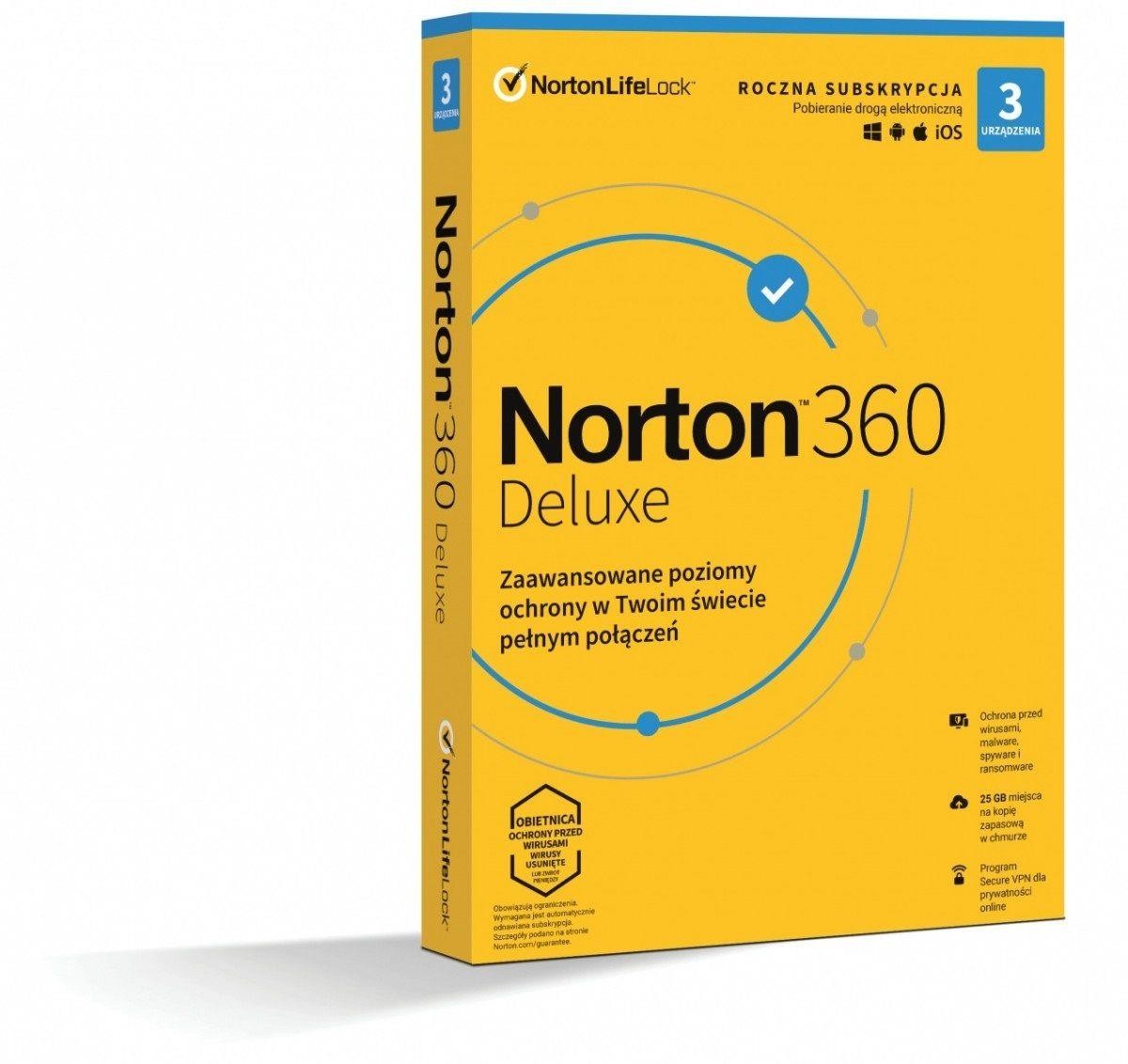 Oprogramowanie Norton 360 Deluxe 25GB PL 1 użytkownik, 3 urządzenia, 1 rok Norto