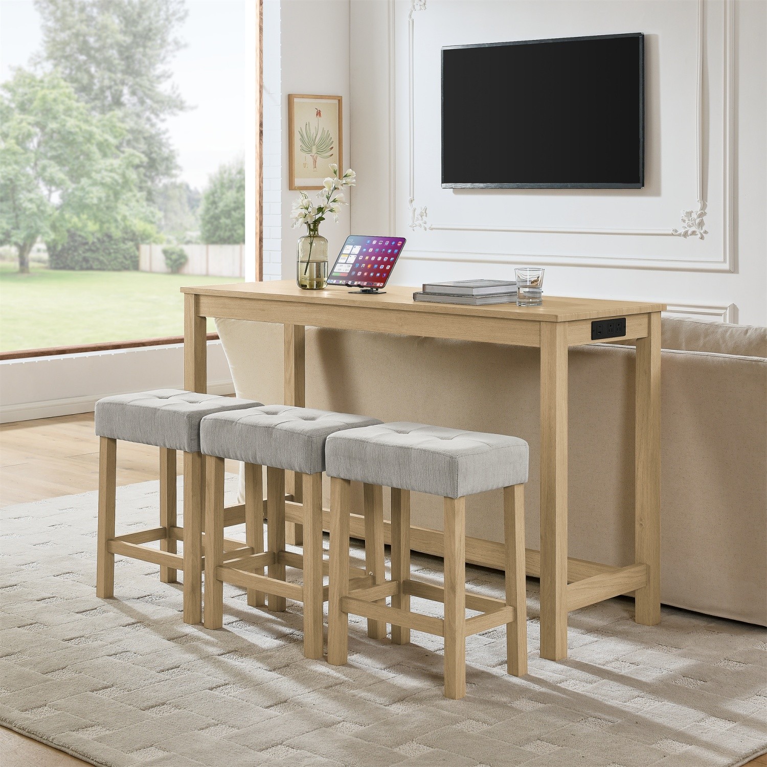 4 Piece Counter Height Table Set with 3 Bar Stools & USB Ports for Small Spaces