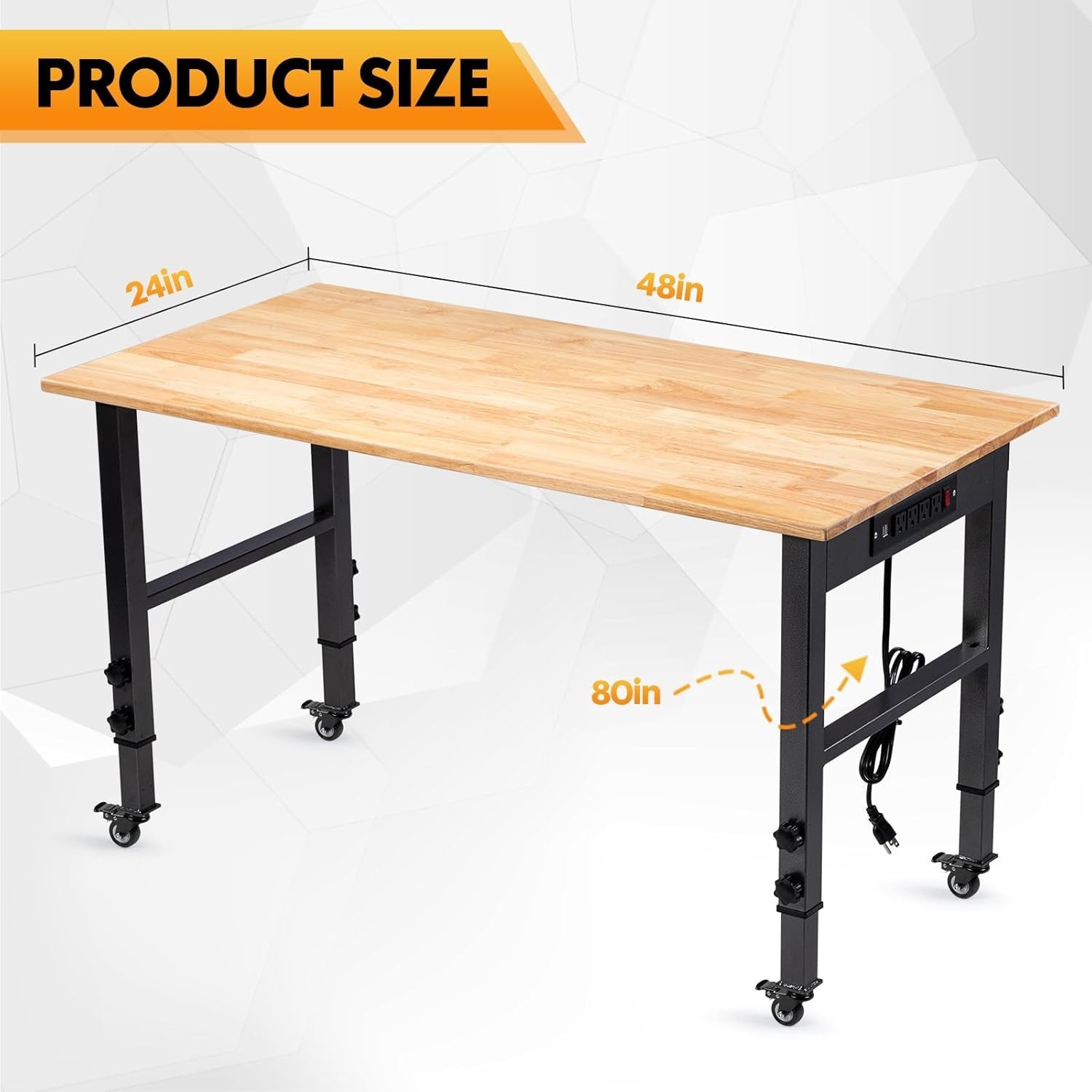48" Rubber Wood Top Workbench - Adjustable Height & 2000 lbs Load Capacity
