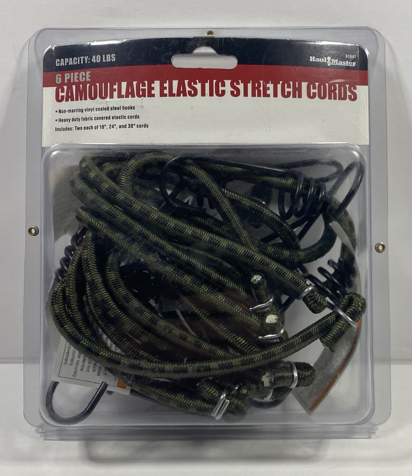 NEW 6 PIECE CAMOUFLAGE HEAVY DUTY BUNGY CORDS 40LB CAPACITY.