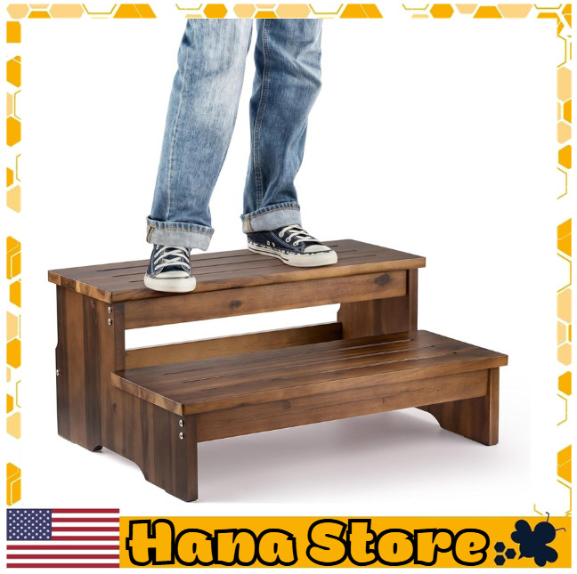 Elegant 25 Walnut Acacia Bed Steps - 500 lbs Capacity, For High Beds & Hot Tubs
