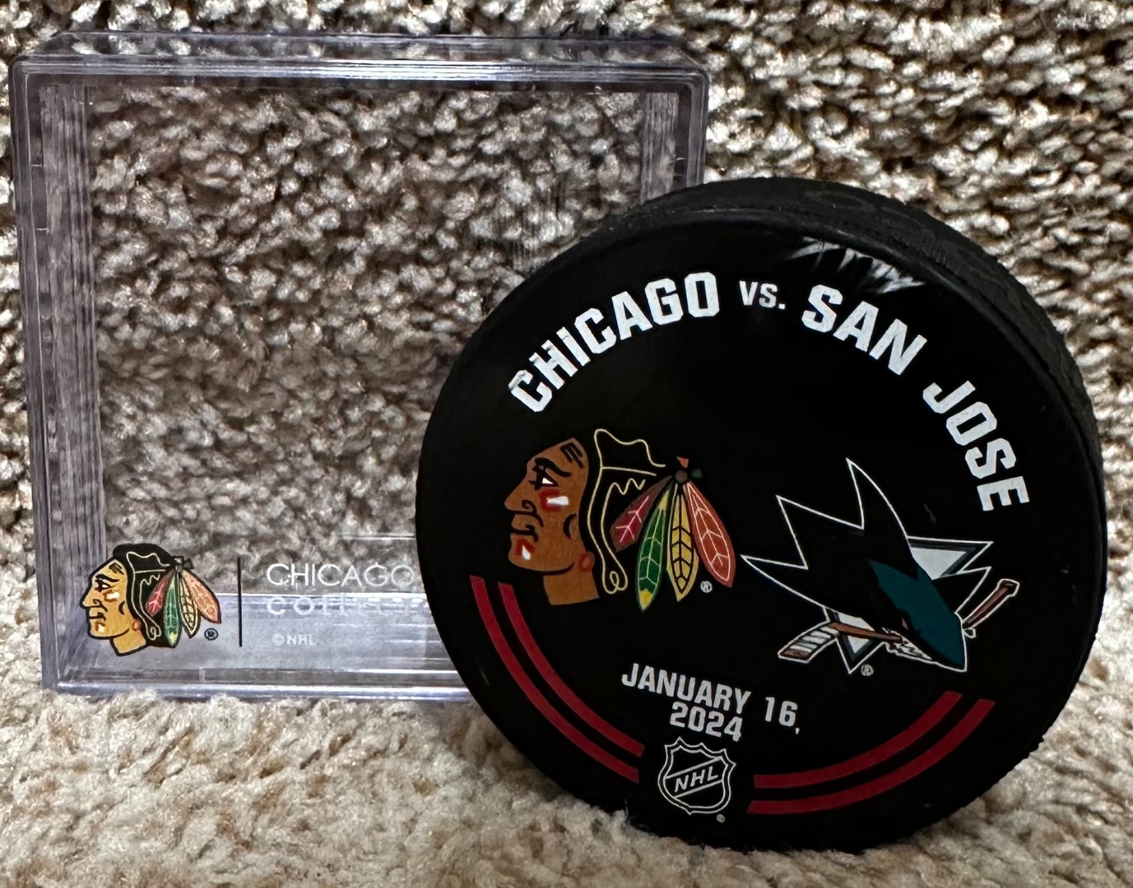 1/16/24 Blackhawks Game Used Warm-Up Puck Bedard Rookie Season! San Jose Sharks