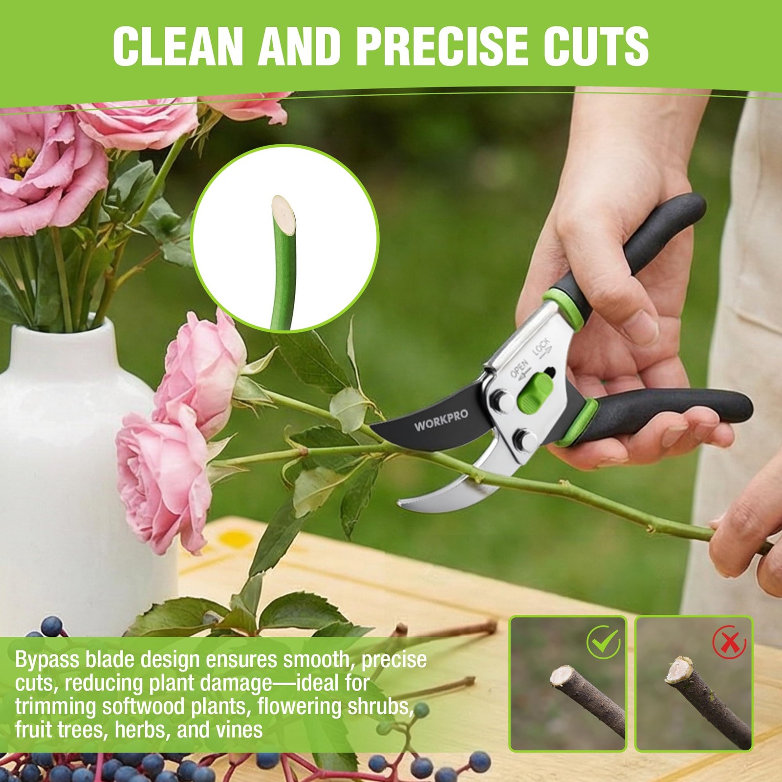 WORKPRO Bypass Pruning Shears, 8.5" Hand Pruner with Non-Slip Grip