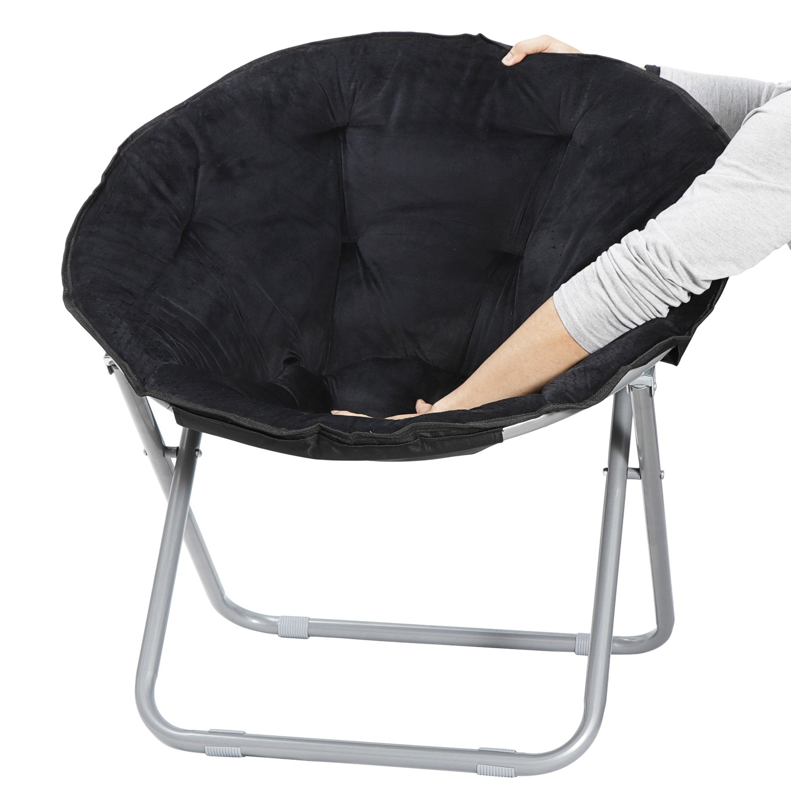 Saucer Chair for Adults Faux Fur Circle Chair Foldable Comfy Accent Seat Black