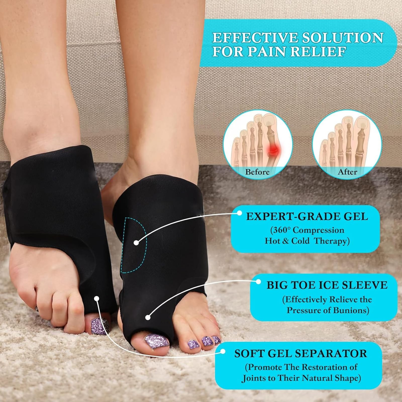 2 Pack Forefoot Toe Ice Pack，Foot Wrap Bunion Corrector for Black