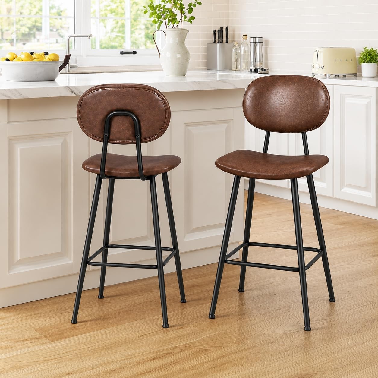 1PCS Counter Height Stools with Metal Legs Ergonomic PU Leather Bar Stools Brown