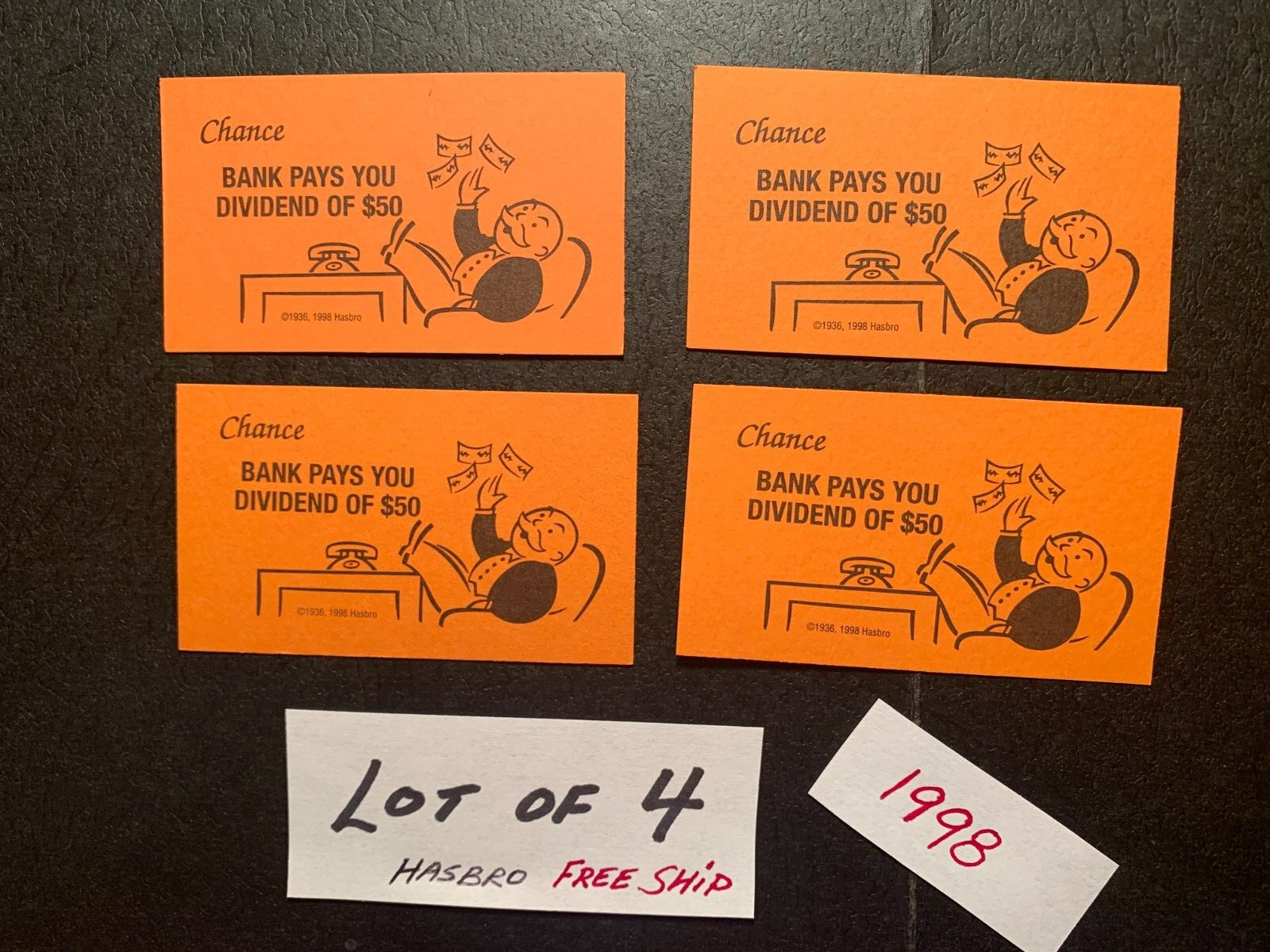 Monopoly 1998 BANK PAYS YOU DIVIDEND Chance Cards LOT OF 4  Free Shipping