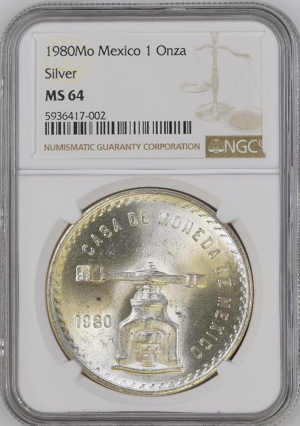 :1980-Mo 1-ONCE MEXICO MEDALLIC-SILVER-BULLION KM#M49b.5 NGC MS-64 HIGH-GRADES