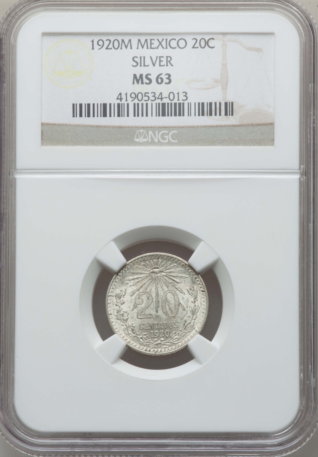 MEXICO ESTADOS UNIDOS 1920  20 CENTAVOS COIN CERTIFIED UNCIRCULATED NGC MS-63
