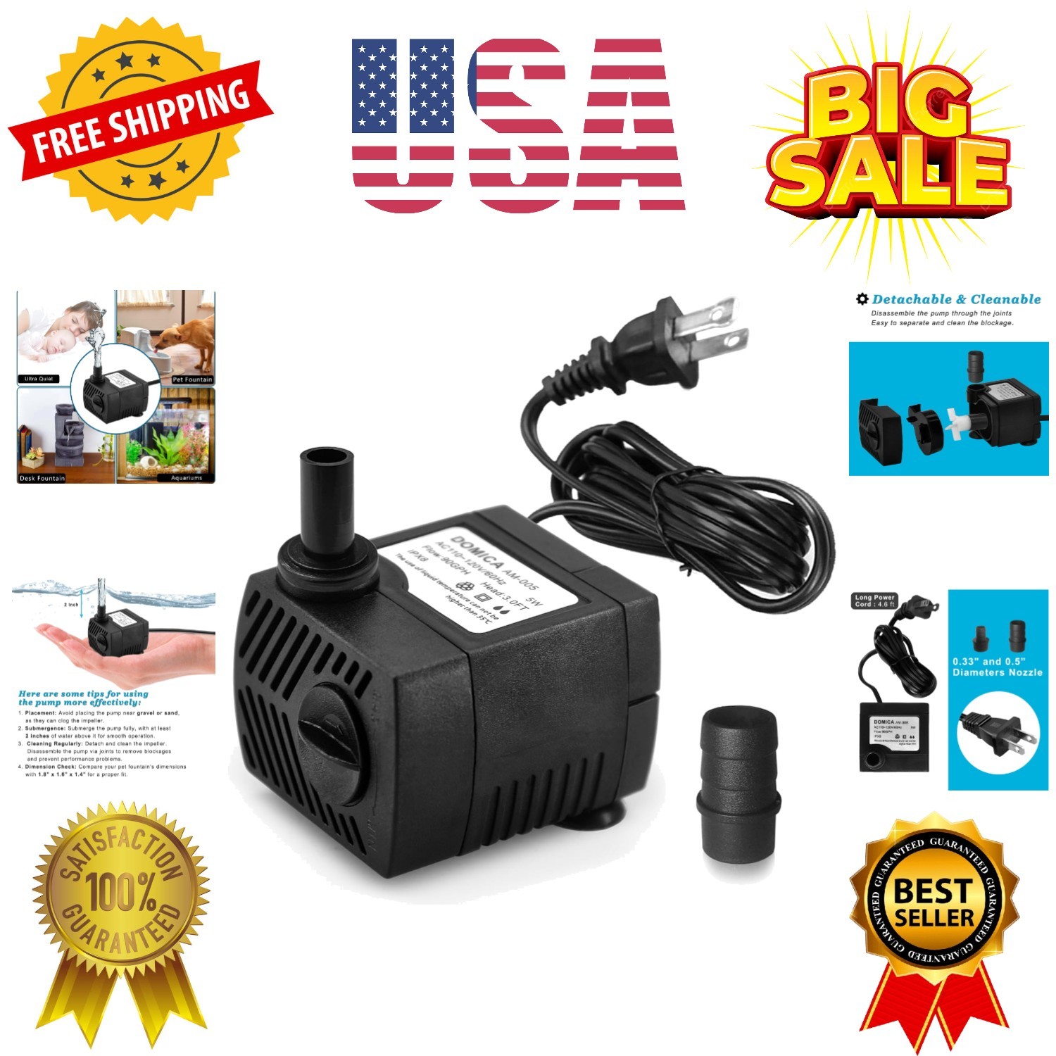 90 GPH Mini Submersible Pump, Small Fountain Pump 5W 350L/H for water feature...