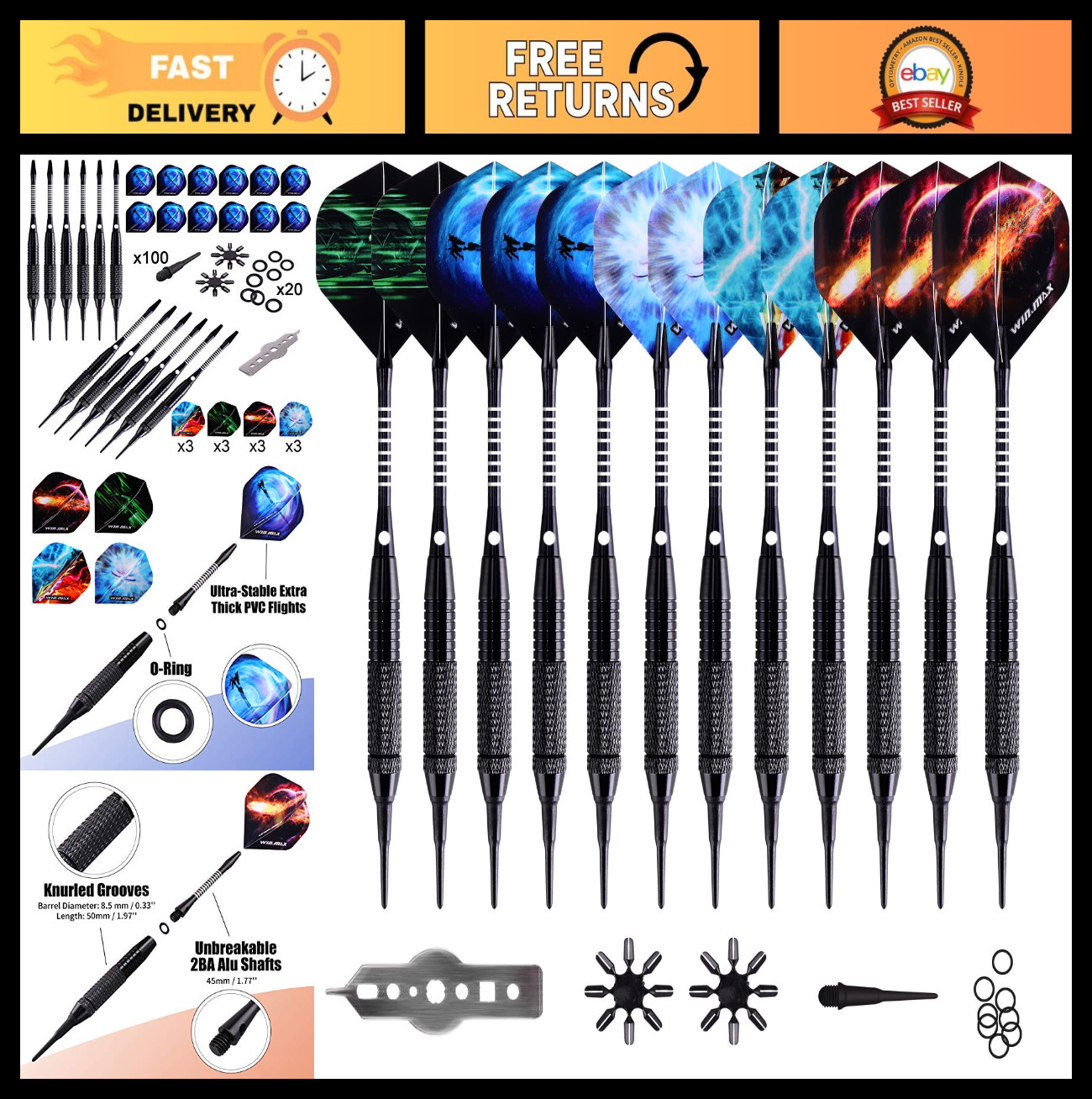 Soft Tip Darts Set - 12 Pcs 18g with 100 Extra Tips, Flights & Wrench for Electr
