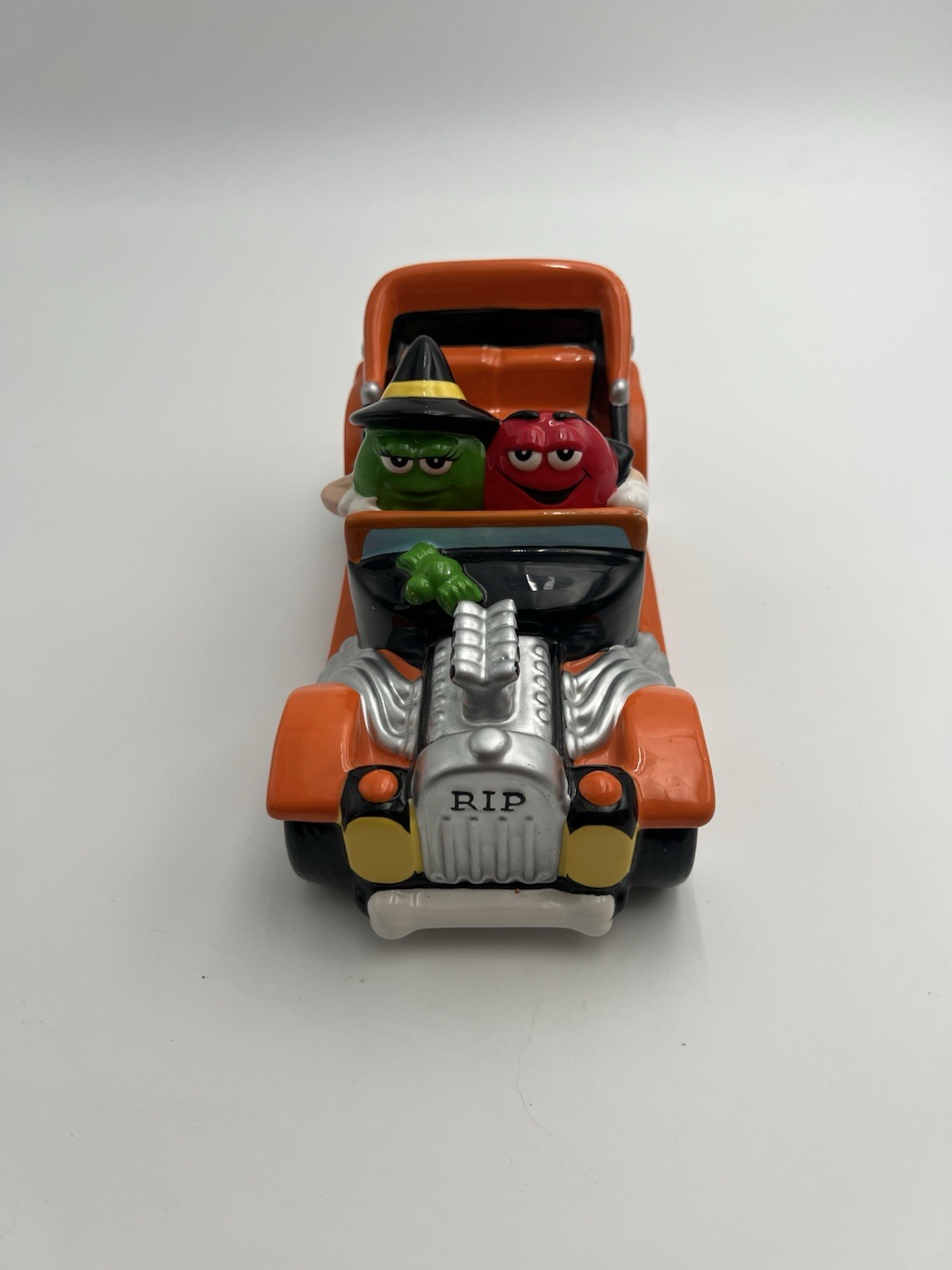 M&M's Orange Halloween Ceramic Candy Dish Hot Rod Car 2003 By Galerie Red Green