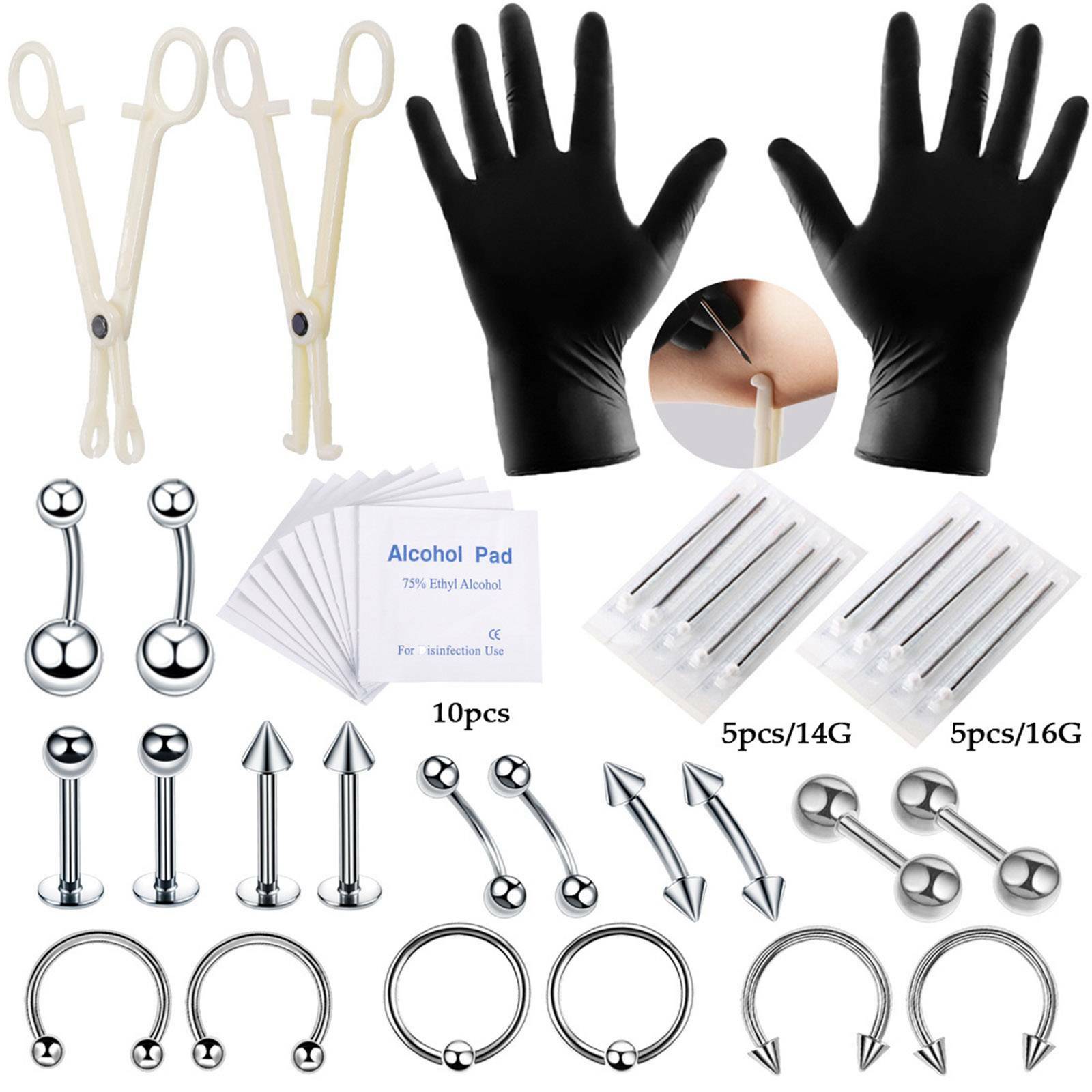 42Pcs Body Piercing Tools Kit Eyebrow Lip Ear Stud Belly Button Ring Needles Set