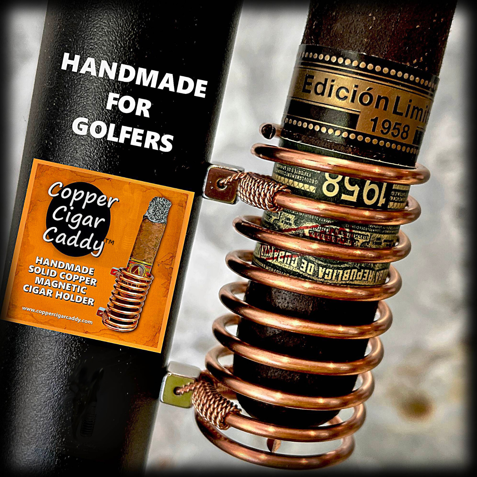 Jumbo Cigar Holder for Golf Cart - Magnetic, Solid Copper, Handmade 70 ring