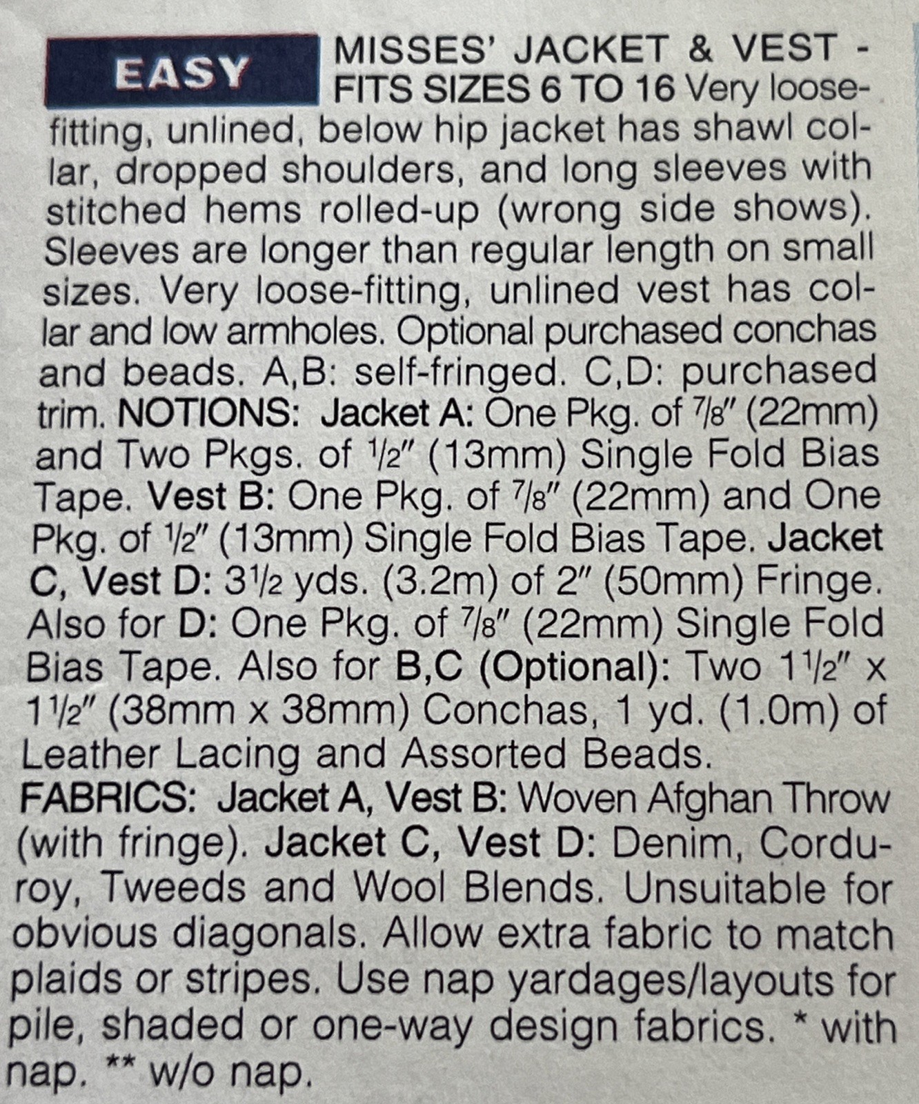1995 Butterick Pattern 3857 Below Hip Jacket & Vest UNUSED