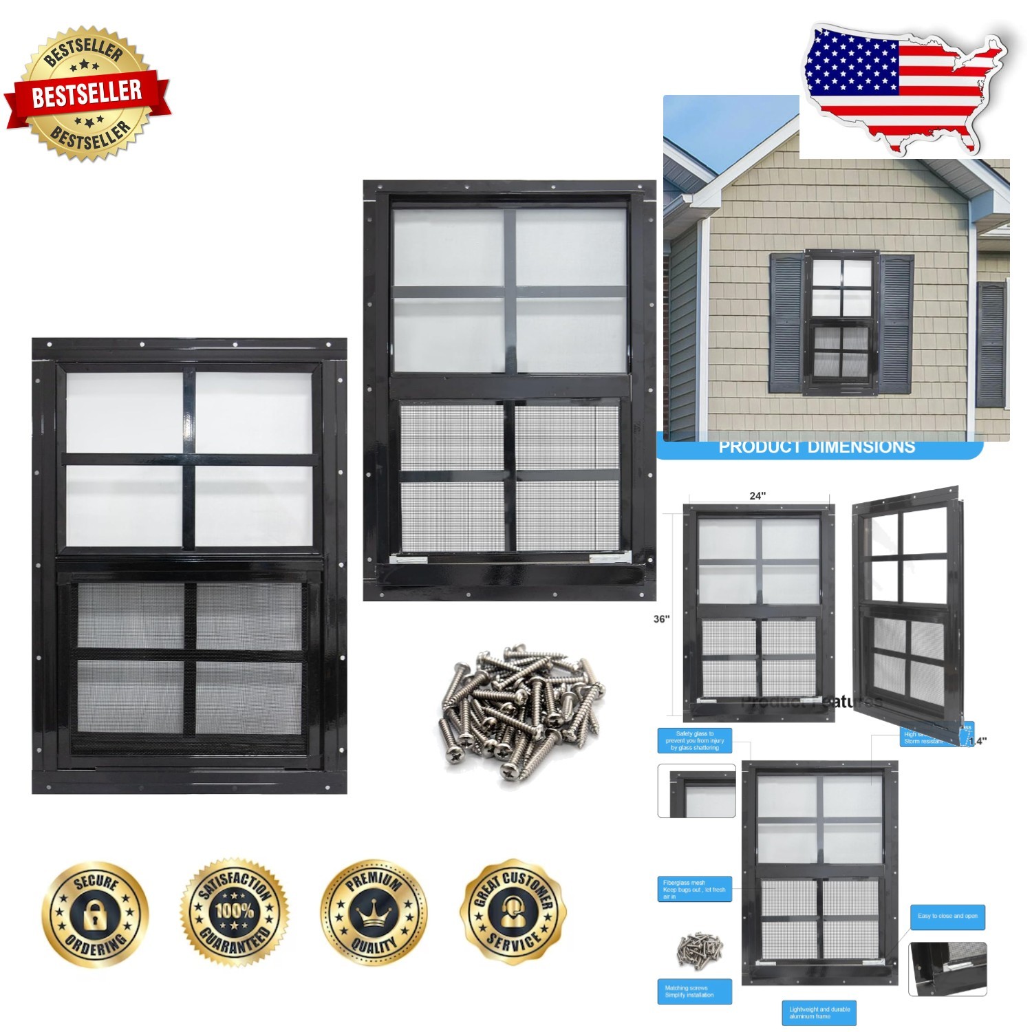 Heavy Duty Shed Windows 24x36 Black Aluminum Tempered Glass Fiberglass Screen