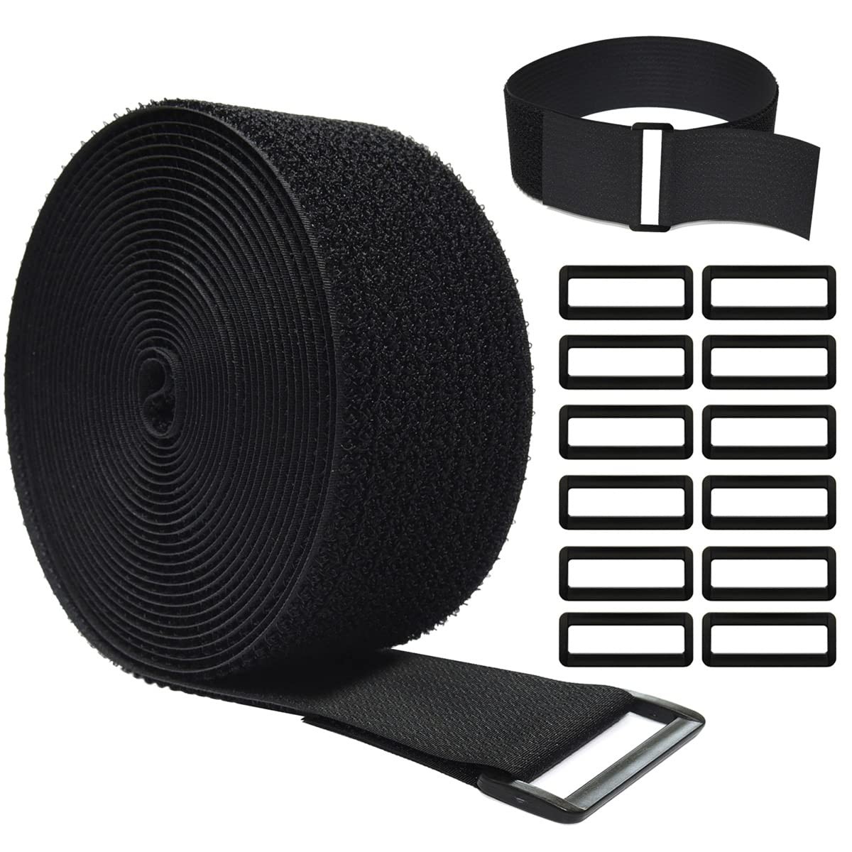 16ft x 2in Adjustable Reusable Hook  Loop Cable Straps with 12 Buckles - Black