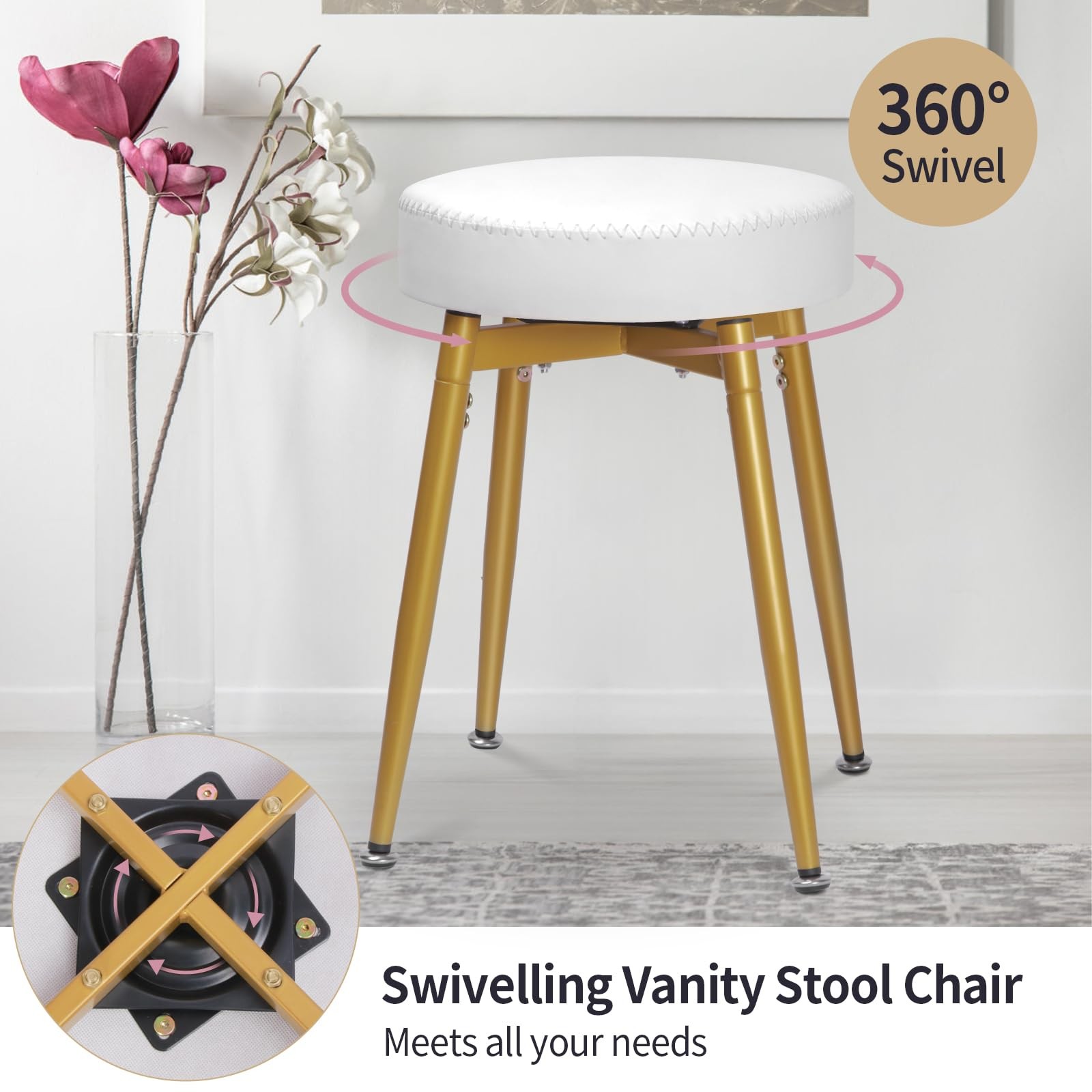 White Gold 360 Swivel Vanity Stool Round Faux Leather Ottoman Metal Legs
