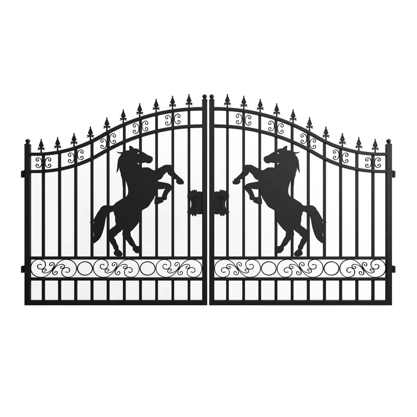 New 12x8 FT Dual Swing Driveway Gate Ornamental Horse Style| Powder Coated