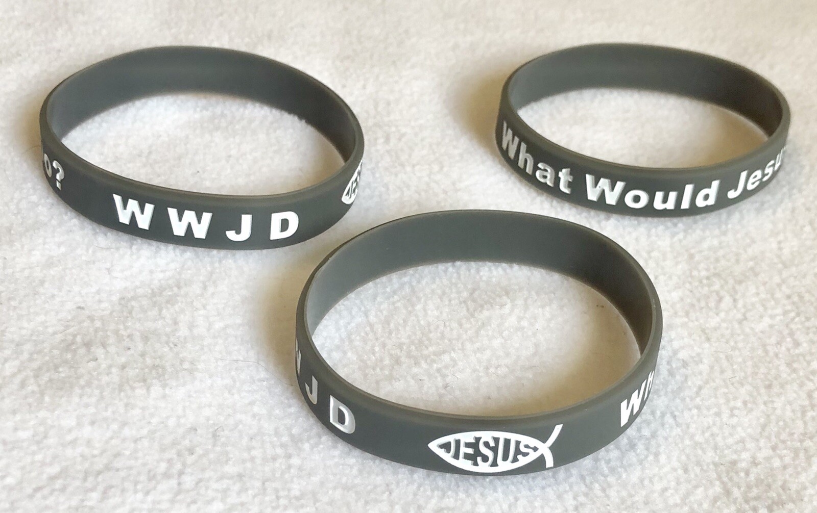 3 Jesus WWJD Bracelet Fundraiser Wristband  Rubber/Silicone Arm Band Gray White