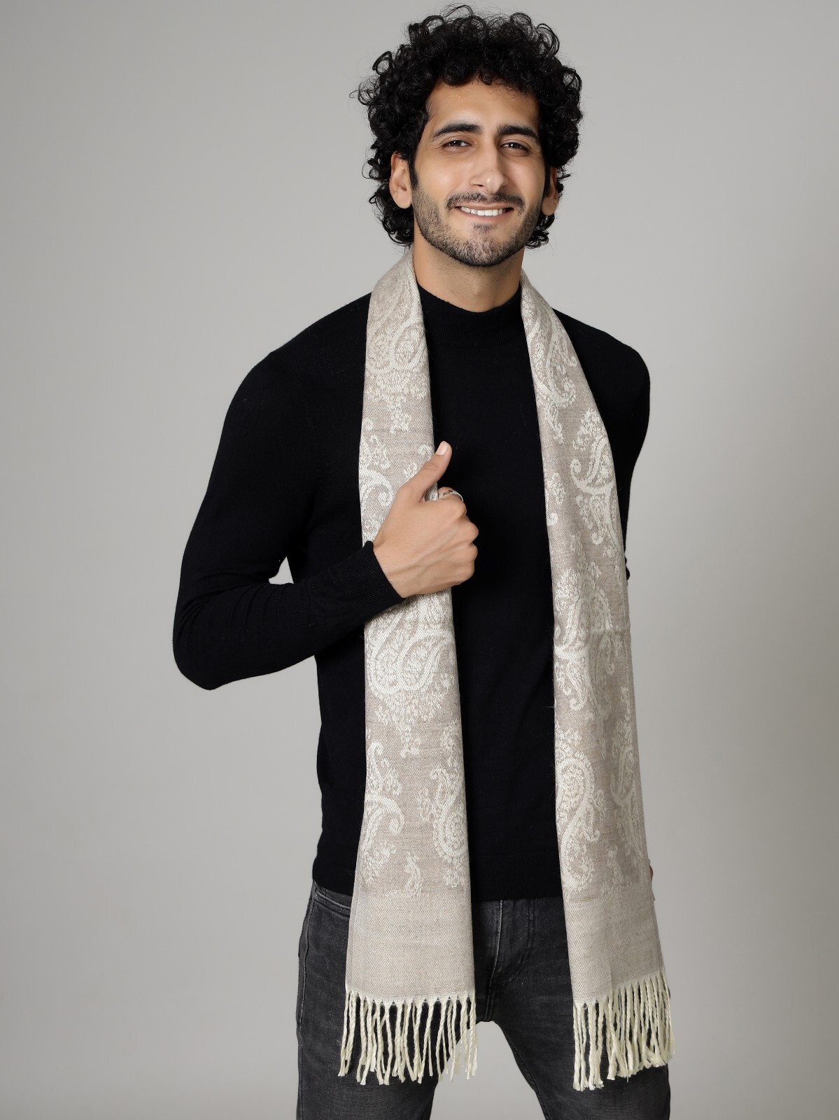 Men's Winter Scarf Paisley White Beige,Cashmere-Feel Warm*Unisex Muffler Scarves