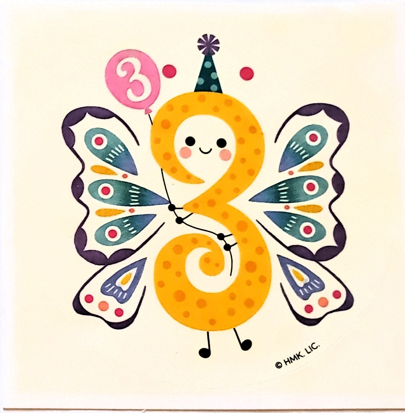 Large Number 3 Birthday Butterfly Sticker - 3 1/2" Diameter - 1 Only