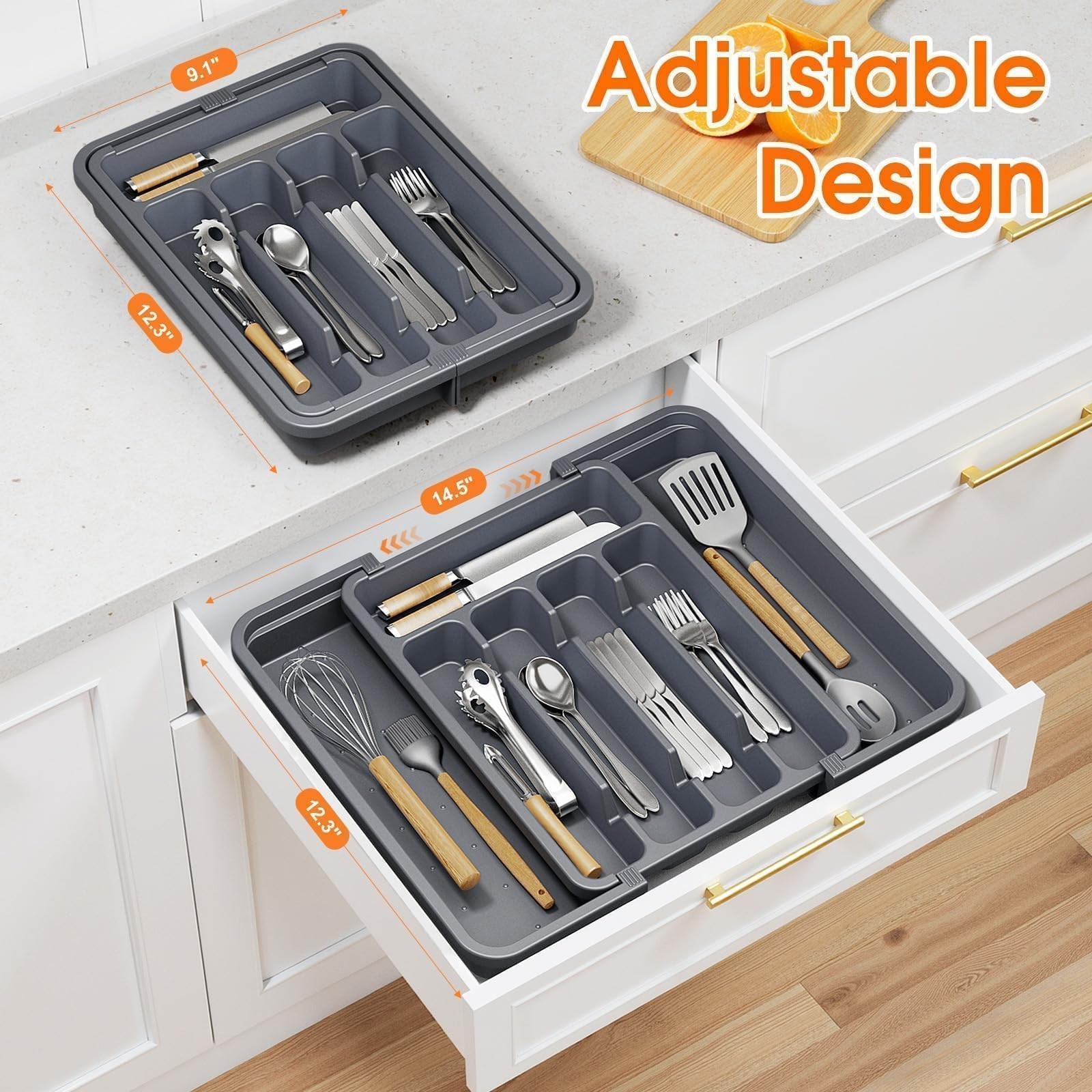 SpaceHacks Silverware Organizer，Adjustable & Expandable Utensil Medium, Grey