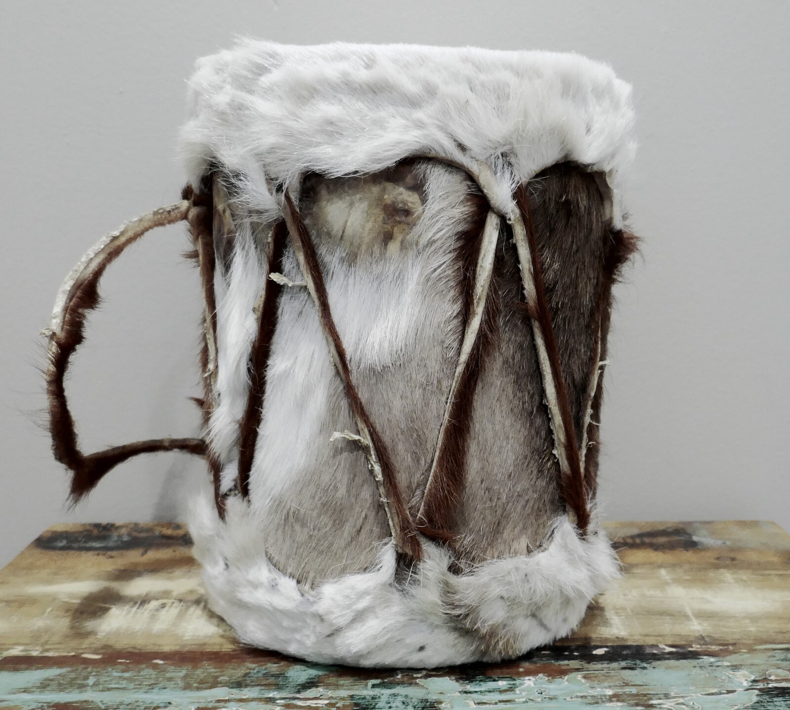 Vintage African Tribal Decor Percussion Animal Skin Fur Drum - Handmade EUC