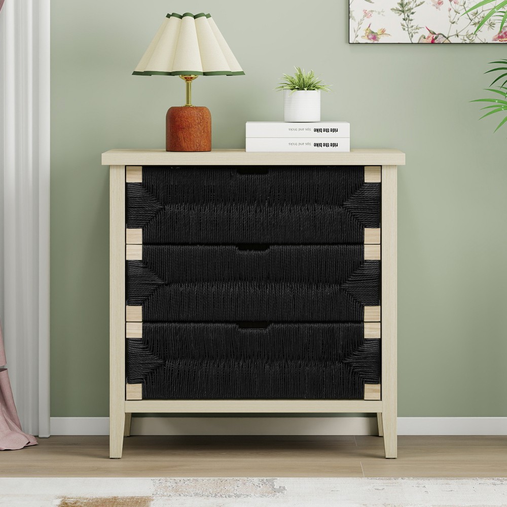 Modern Sideboard Storage Cabinet 3 Drawer Buffet w/ Hand-Woven Rope Natural