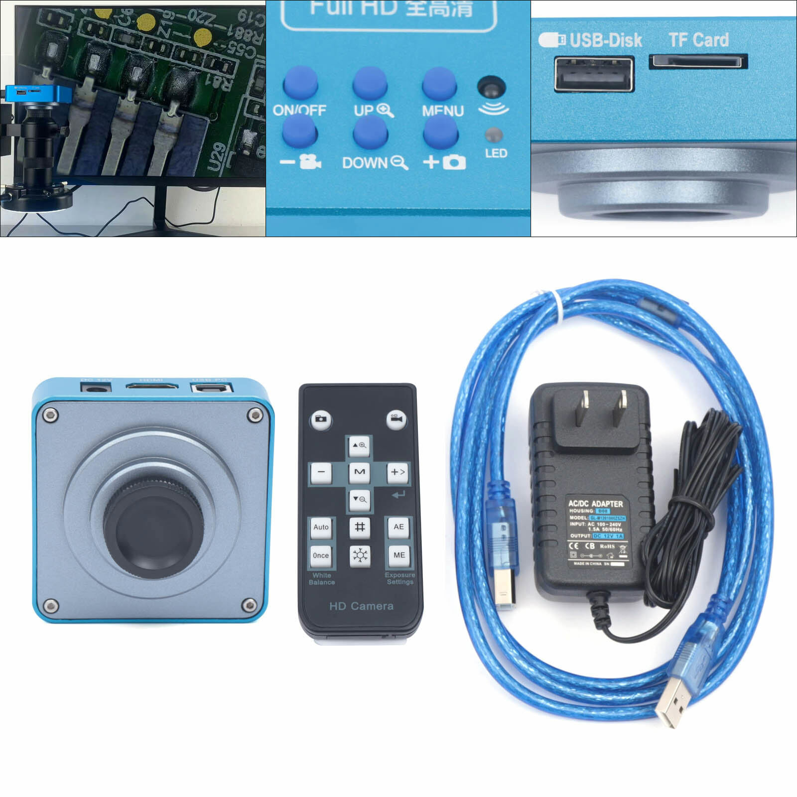 New HD 1080p HDMI Industrial Digital Video Microscope Camera C Mount USB Blue