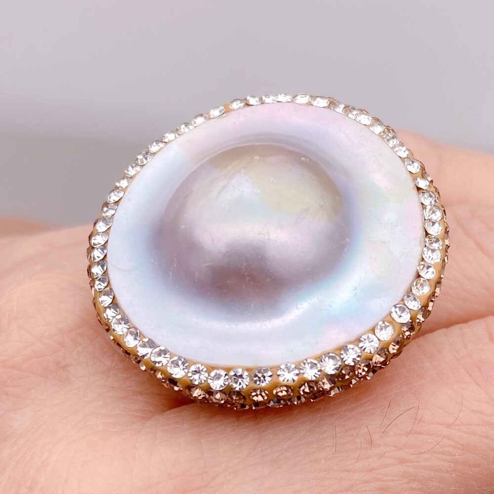 Natural Silver Gray Mabe Pearl Crystal Pave Ring Adjustable Ring Gift For Women