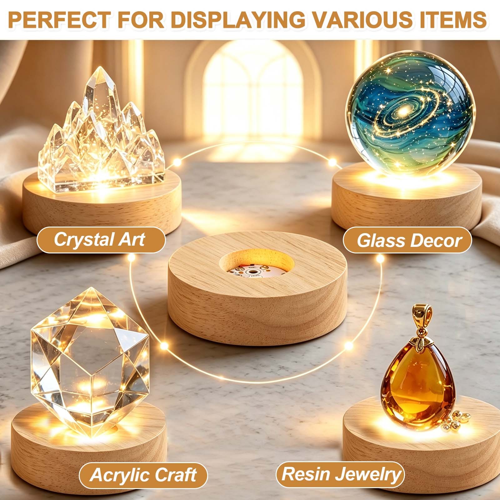 LED Base Wood Light Display Base, 2.76In/7cm OD White Light
