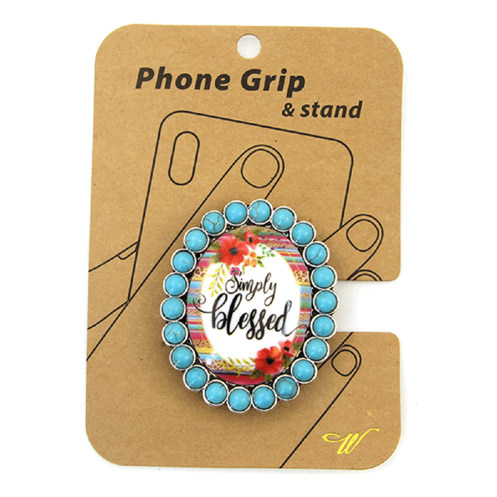 SIMPLY BLESSED PHONE GRIP & STAND w/ Western concho Serape flower Turquoise