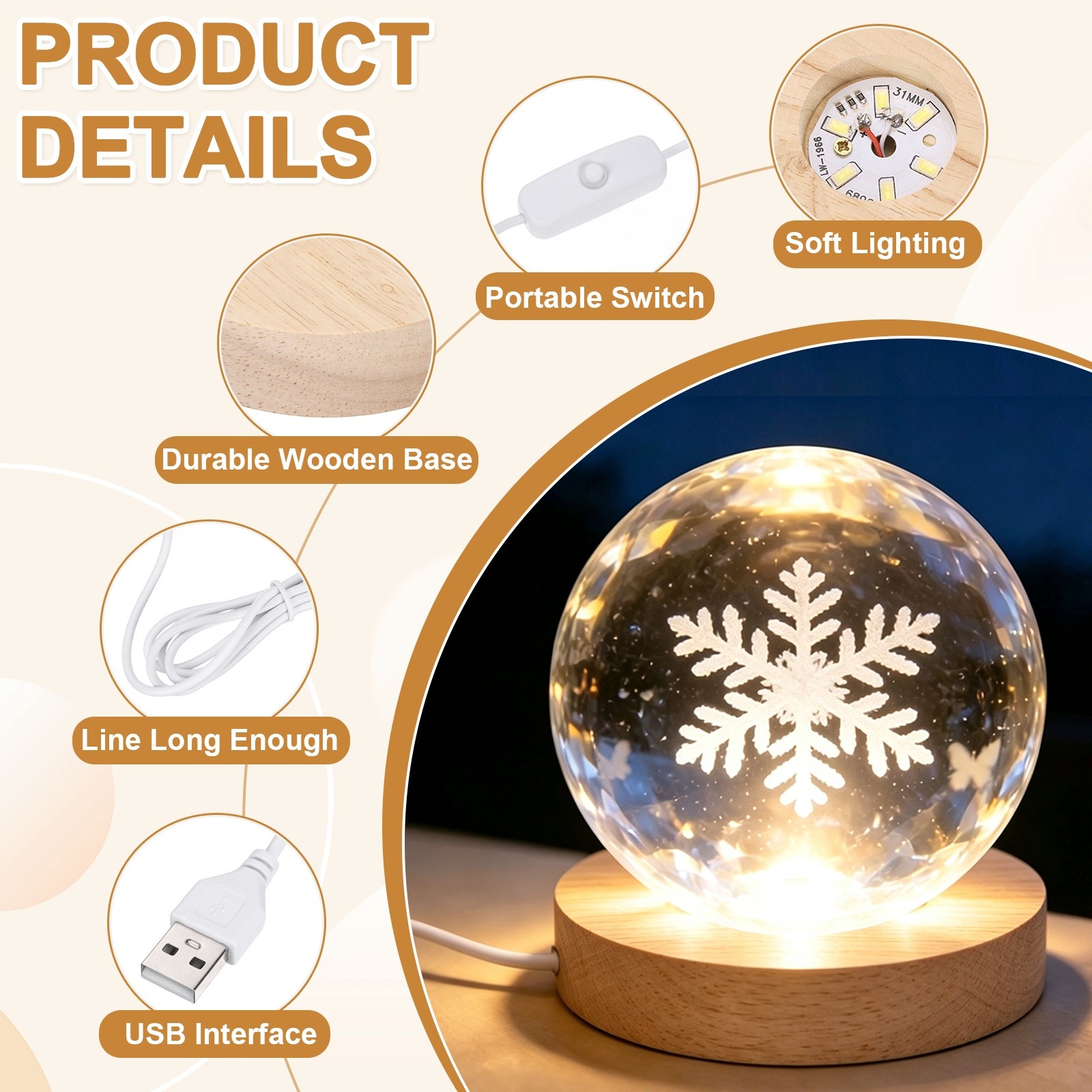 LED Base Wood Light Display Base, 2.76In/7cm OD White Light