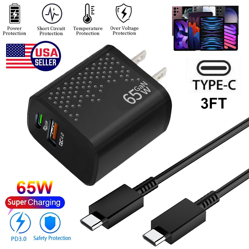 65W PD Fast Wall Charger+3ft Type-C Cable For Samsung Galaxy S21 S22 S23 S24 S25