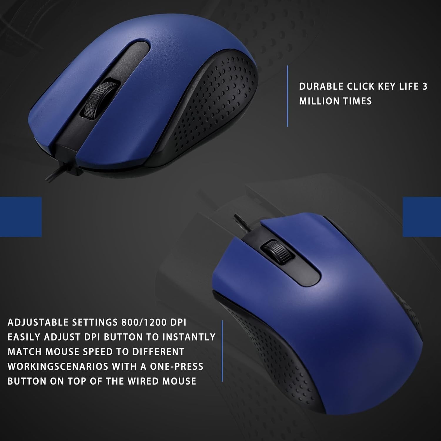 Wired USB Computer Mouse Bulk 6 PCS 3 Button Corded Mice for Laptop Blue