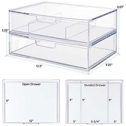 STAX Plastic Stackable Organizer Drawers (Set of 2) | Open/Divided 2pk Clear