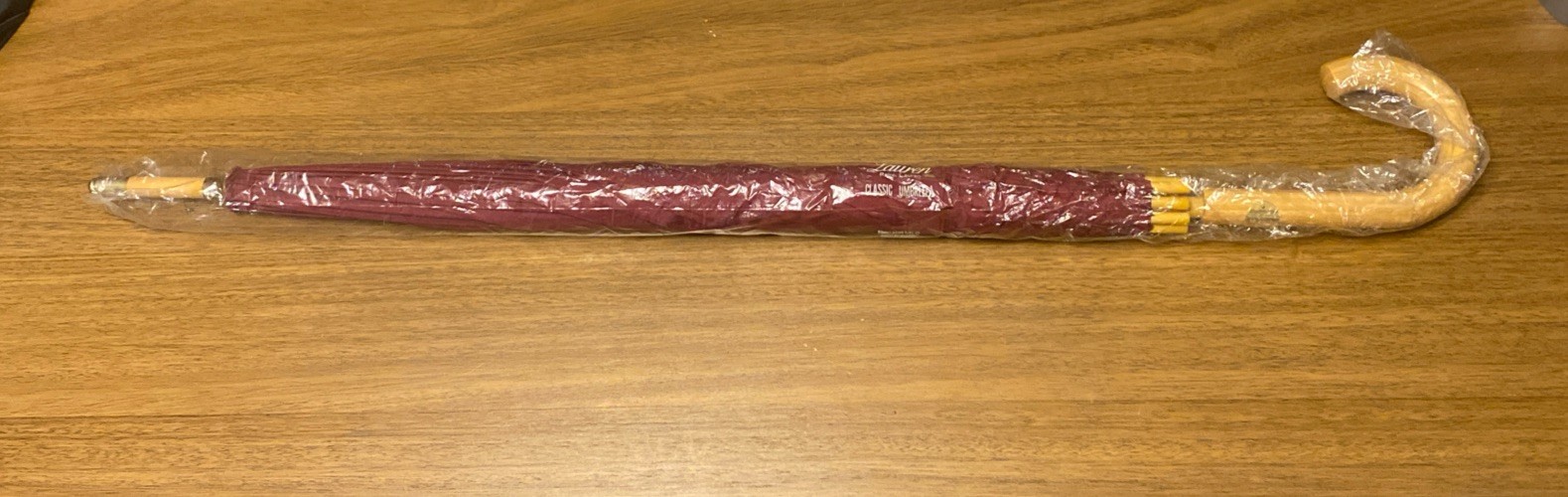 LAUREN RALPH LAUREN 34" WOODEN HANDLE UMBRELLA Burgundy Maroon 1978